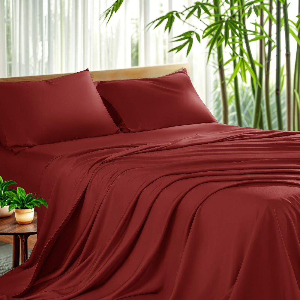 Bamboo Sheet Set 4pcs Cooling Deep Pocket Wrinkle Resistant Bedding All-Season Fitted Flat Sheet 2 Pillowcases Gift Box