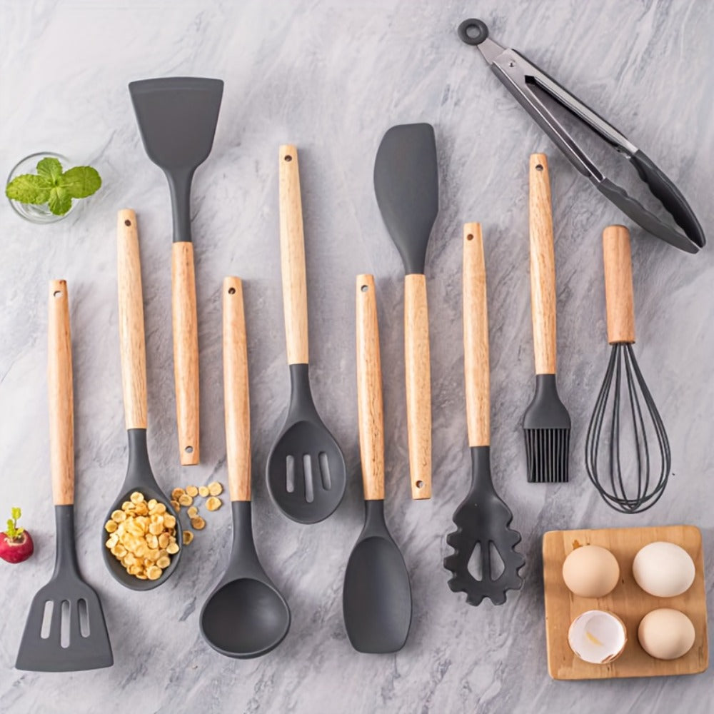 Silicone Kitchen Utensil Set 13 Piece with Wooden Handles Non-Stick Safe Heat Resistant Cooking Tools Spatula Spoon Ladle Set for Cooking Baking Dorm Essentials