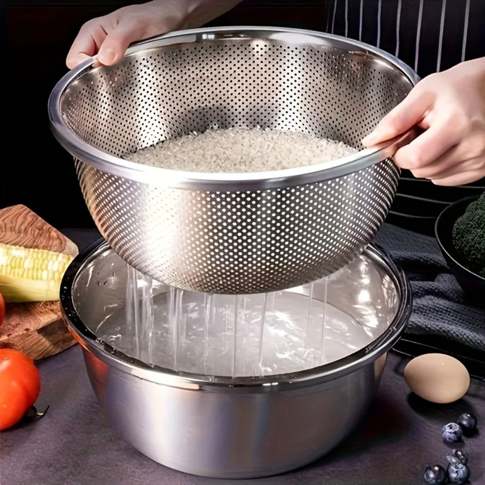 Stainless Steel Colander with Mixing Bowl Set 304 Food Grade Strainer Bowl for Washing Vegetables Fruit Rice Dishwasher Safe Kitchen Colander Sieve Multiple Sizes