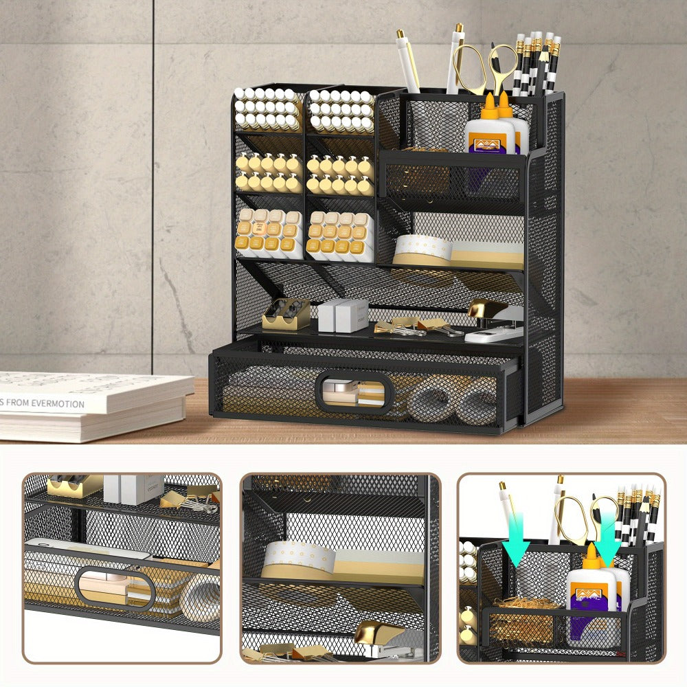 Mesh Desk Organizer with Drawer ¨C Multifunctional Desktop Pen Holder & Office Supply Organizer for Home Office, School & Art Studio ¨C Pencil Cup Caddy with Storage Compartments, Multiple Colors Available