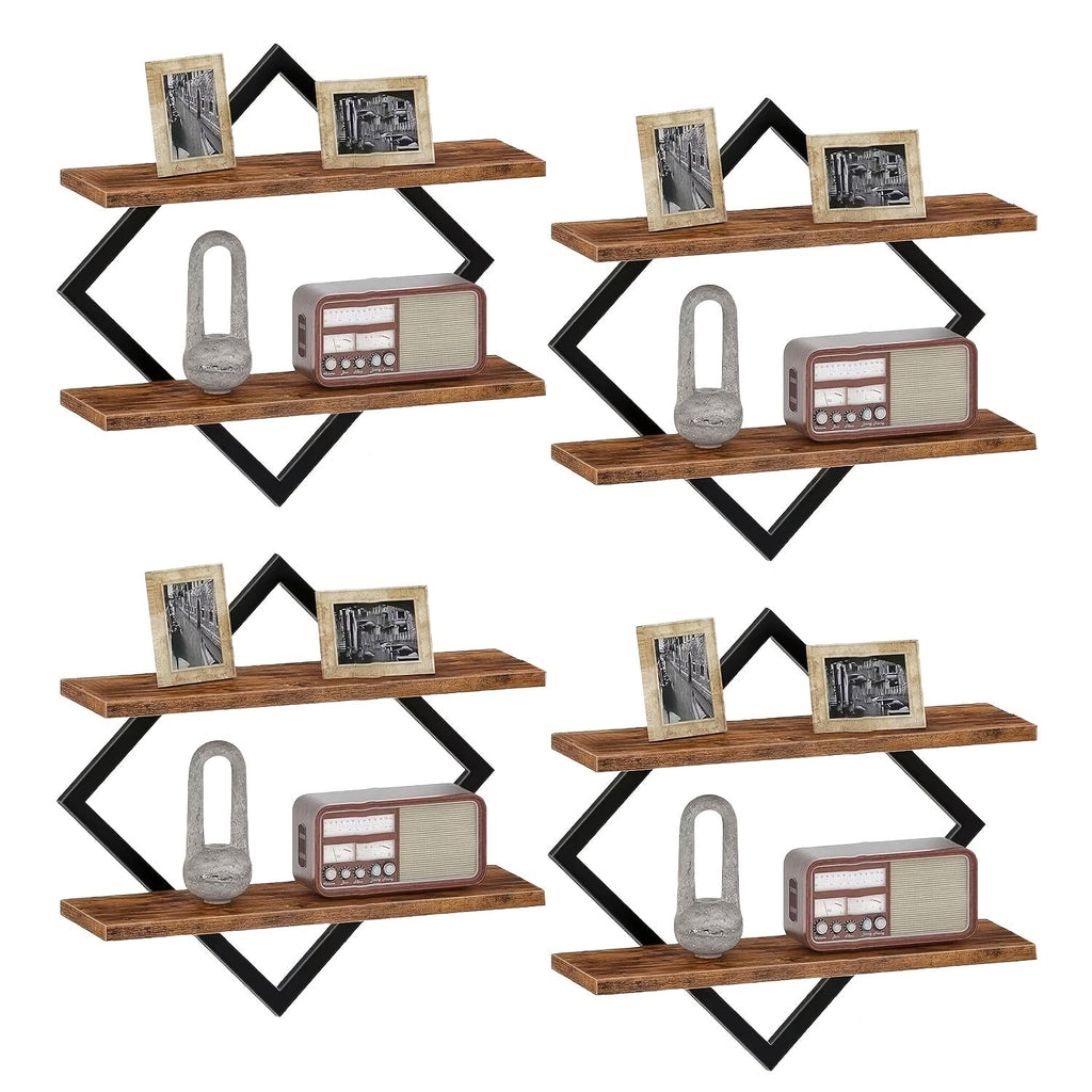 Floating Wall Shelves Double Layer Geometric Diamond Metal Wire Wood Display Stand Industrial Style for Living Room Kitchen 2 4 Pack