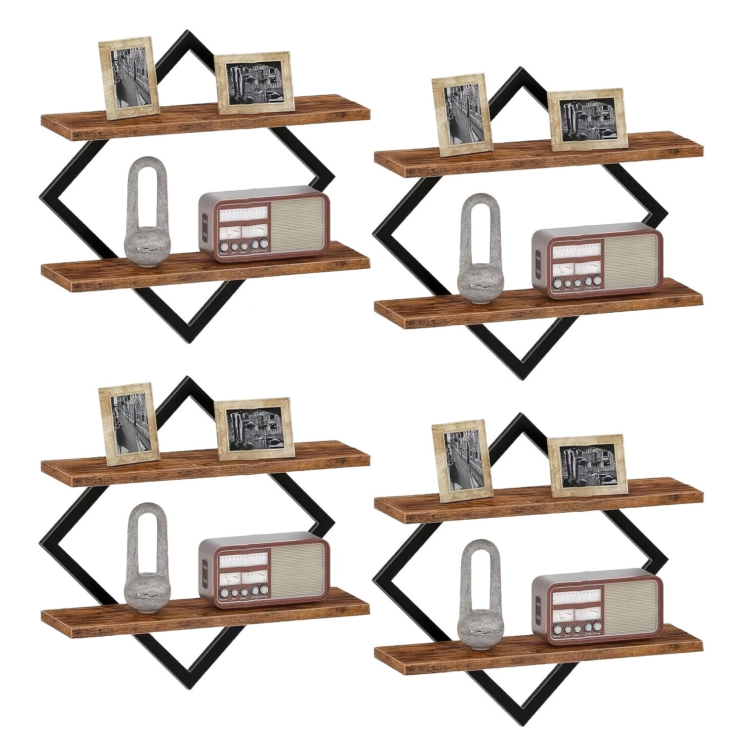 Floating Wall Shelves Double Layer Geometric Diamond Metal Wire Wood Display Stand Industrial Style for Living Room Kitchen 2 4 Pack