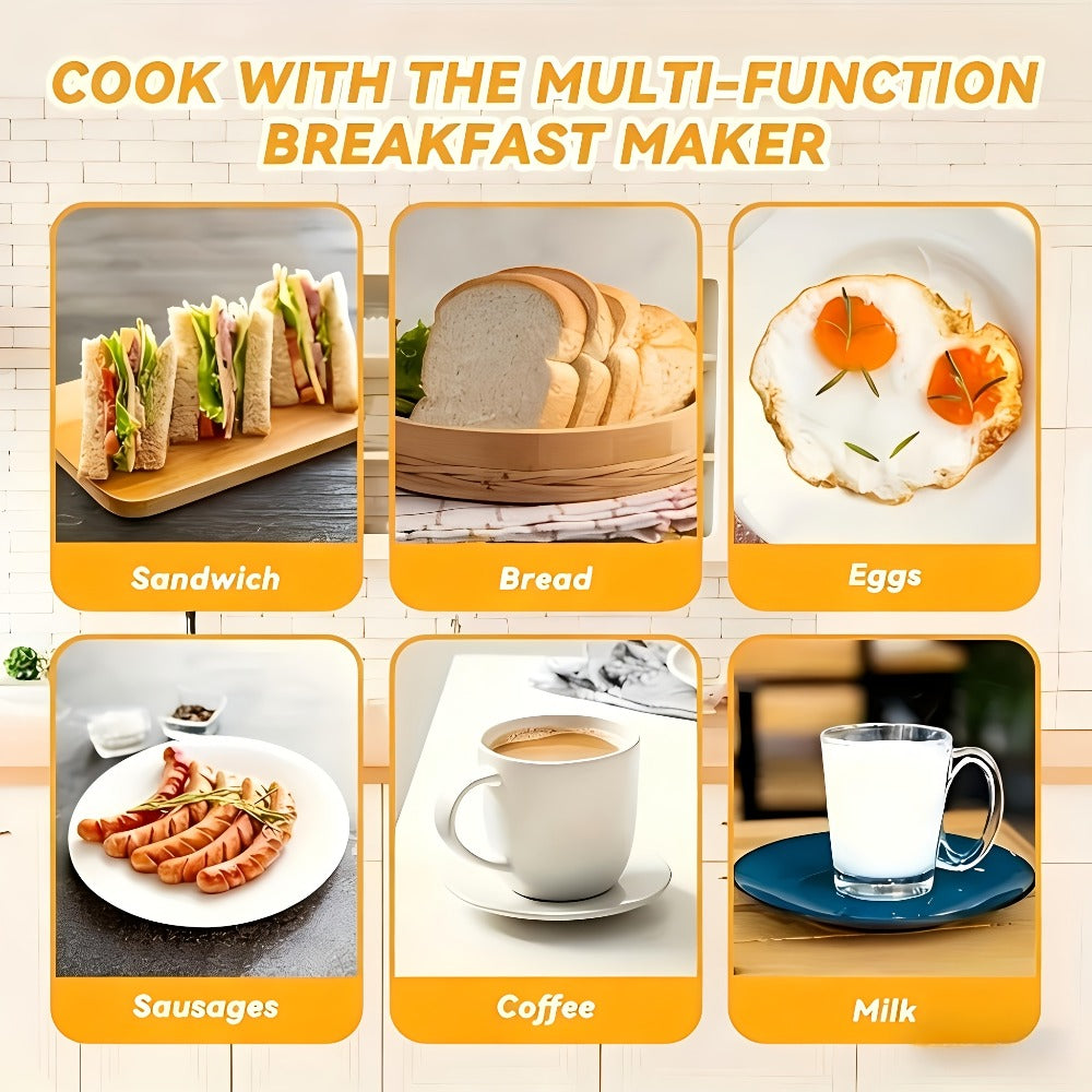 3-in-1 Breakfast Maker Station ¨C Fry Eggs, Toast Bread & Brew Coffee All at Once, Non-Stick Coating, Auto Power-Off Safety Timer, One-Click Operation for Fast Morning Meals