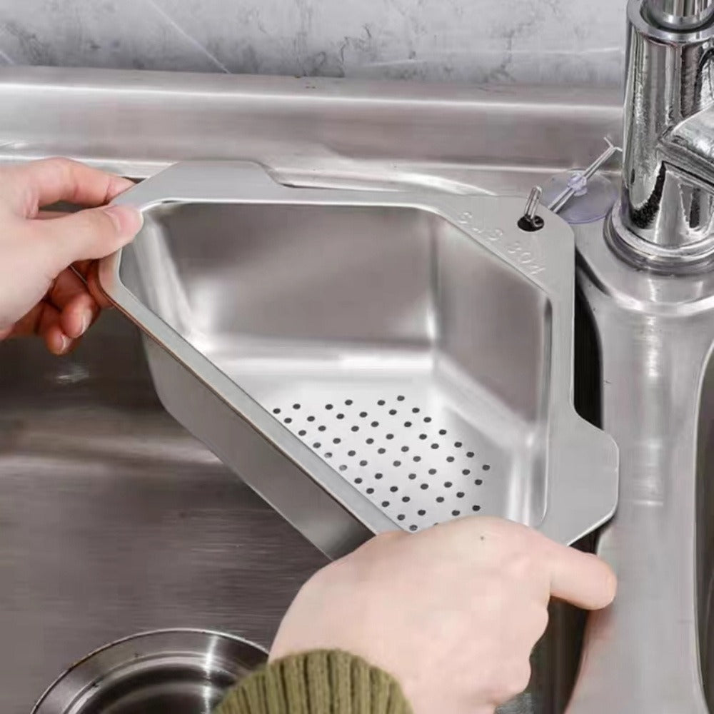 Kitchen Drain Strainer Basket 304 Stainless Steel Triangular Corner Sink Filter ¨C Food Scrap & Leftover Catcher for Kitchen Sink & Wash Basin, Rust-Proof Easy Clean Drain Basket Silver