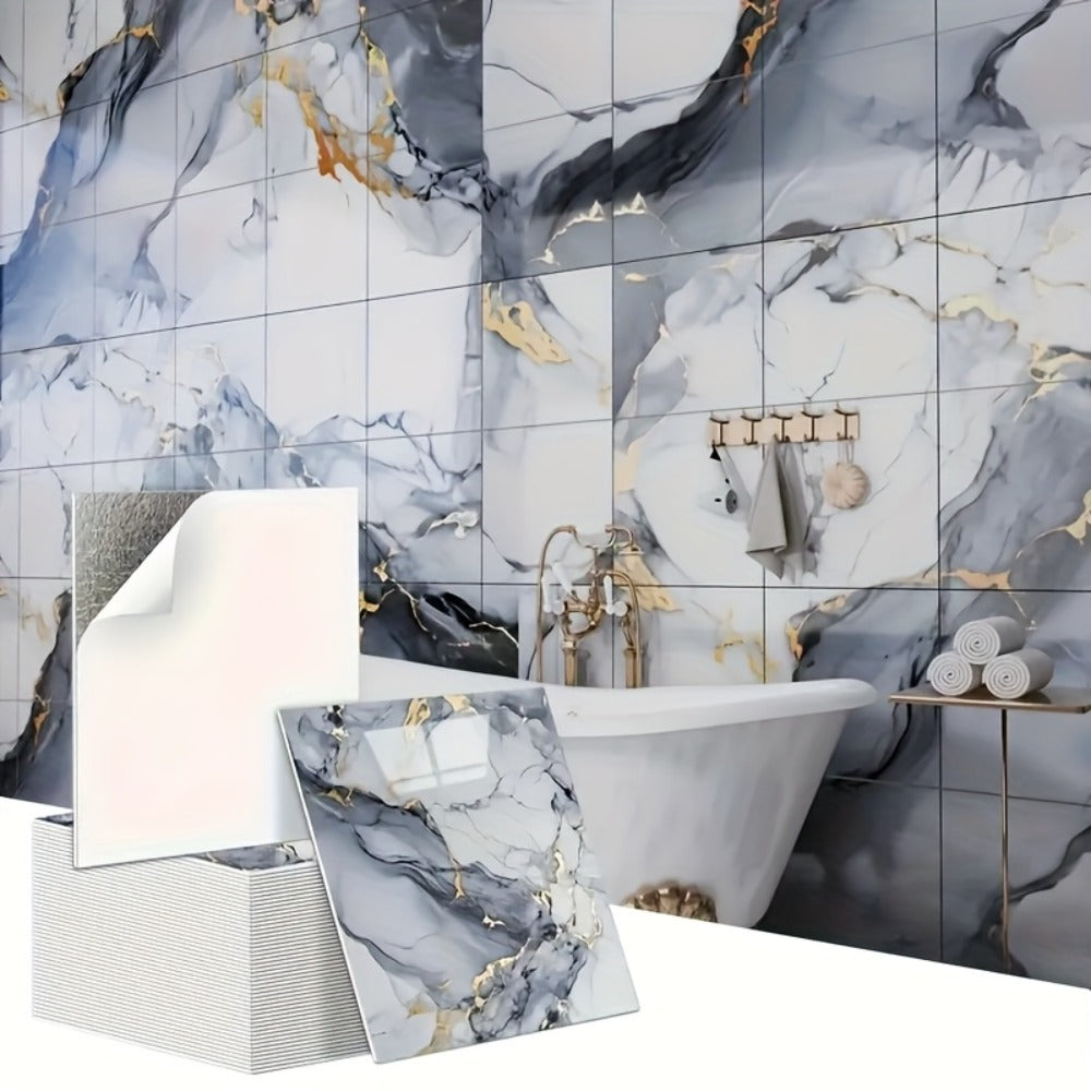 Peel and Stick Wall Tiles 50/100pcs - Waterproof PVC Marble Self-Adhesive Vinyl Panels for Bathroom Shower Kitchen Living Room TV Backdrop, Modern Wall Decor Easy Installation No Grout Required