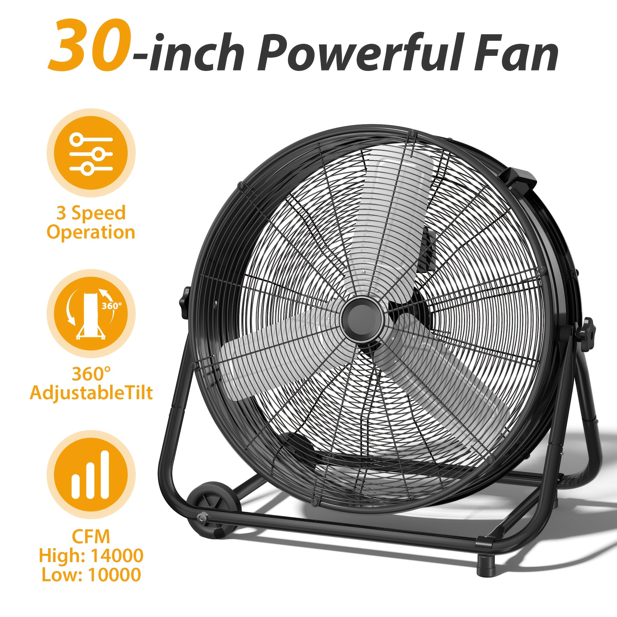 Industrial Drum Fan High Velocity Floor Fan 24 30 Inch | 3-Speed Heavy Duty Metal Air Circulator 360 Tilt Casters ETL Listed | Powerful Warehouse Garage Workshop Patio Commercial Fan | Black Orange Green