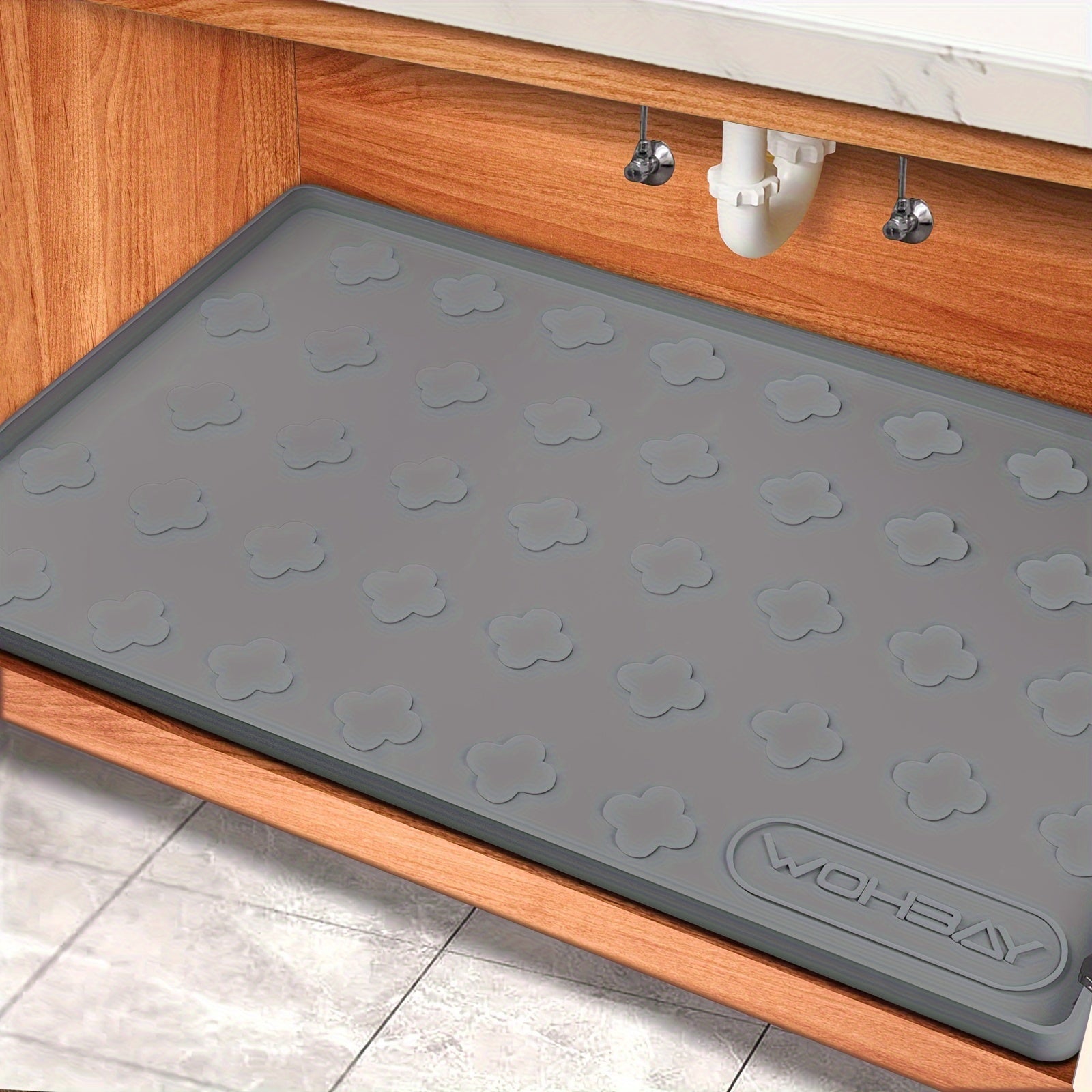 Under Sink Mat Waterproof Silicone 34¡± x 22¡± Undersink Drip Tray Liner for Kitchen Bathroom Cabinet, Holds 2 Gallons, Non-Toxic Durable Cabinet Protector with Raised Edges Four-Leaf Clover Pattern