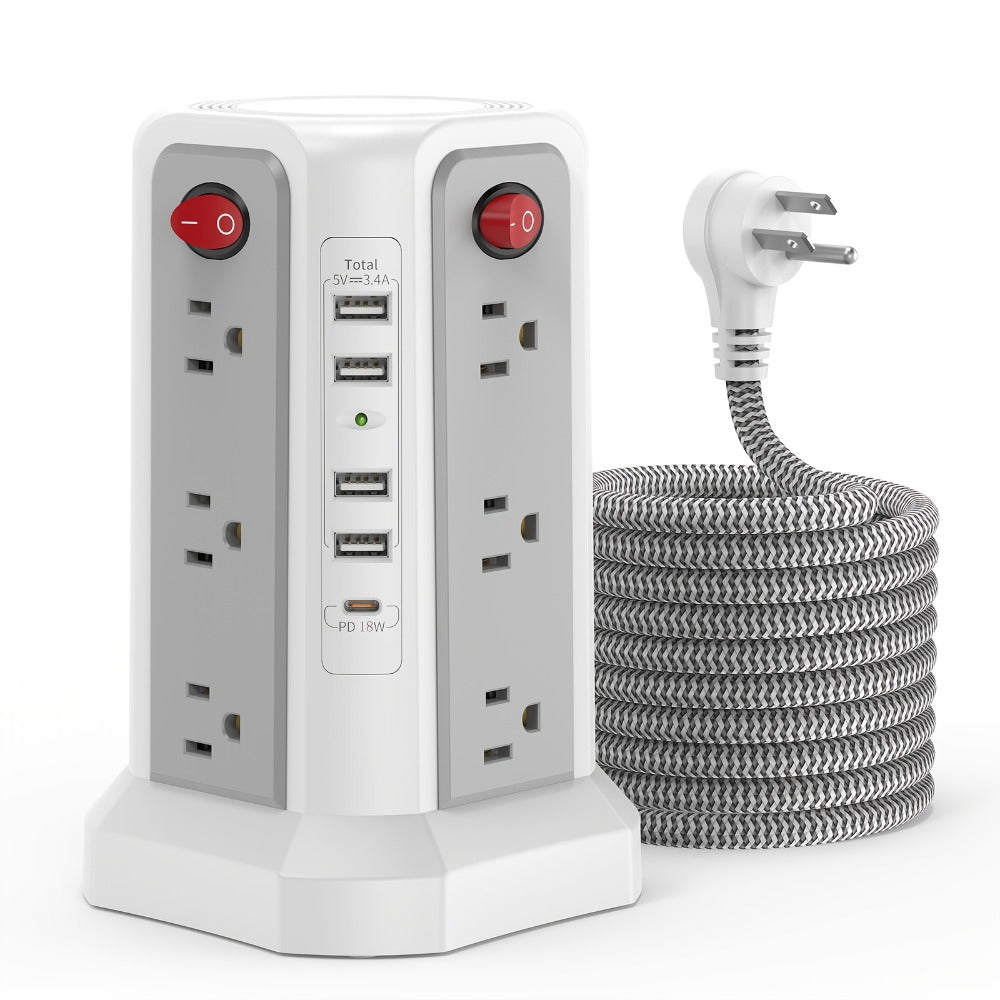 Power Strip Tower Surge Protector 16 AC Outlets 5 USB Ports PD20W USB-C Fast Charging Flat Plug Extension Cord 1500J Overload Protection Desktop Charging Station for Home Office Dorm