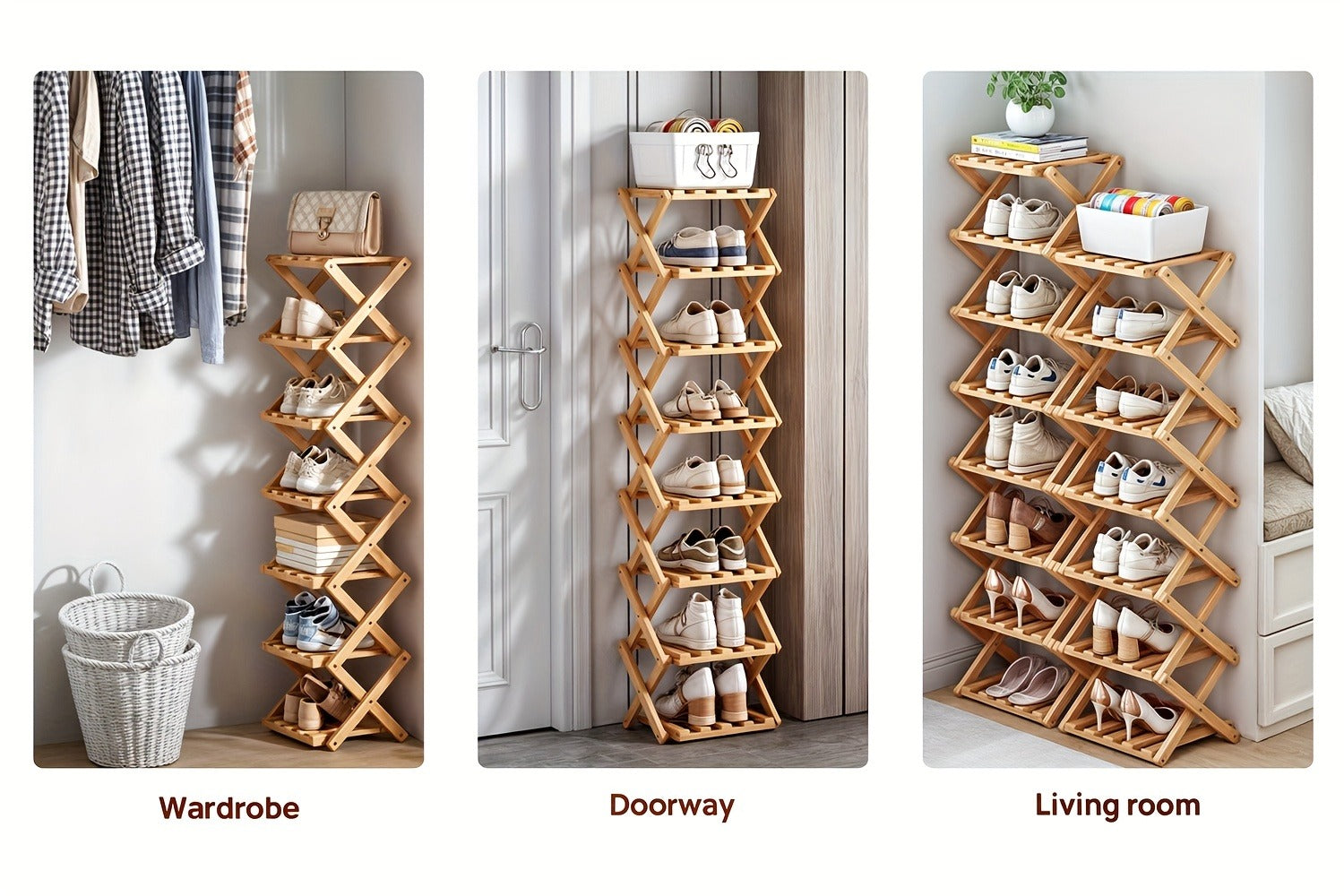 Bamboo Shoe Rack Foldable Multi-Tier ¨C Space-Saving Shoe Storage Shelf, Easy Assembly Standalone Organizer for Entryway, Hallway, Bedroom, Bathroom & Office ¨C 6 or 8 Tier Options
