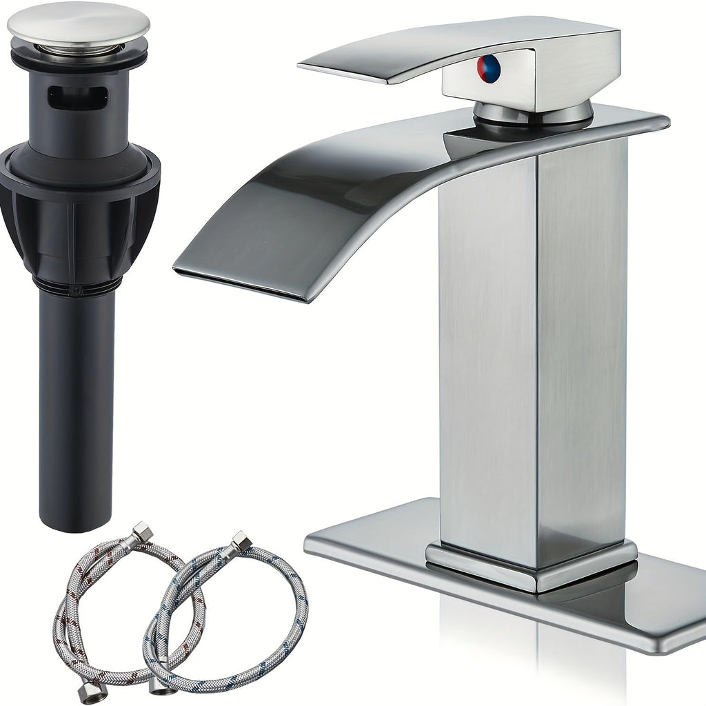 Waterfall Bathroom Faucet Single Handle - Modern Sink Faucet with Valve, Chrome & Matte Black & Brushed Nickel & Brushed Gold Finish, 1 or 3-Hole Deck Mount, G9/16 Threads, Water Supply Lines Included