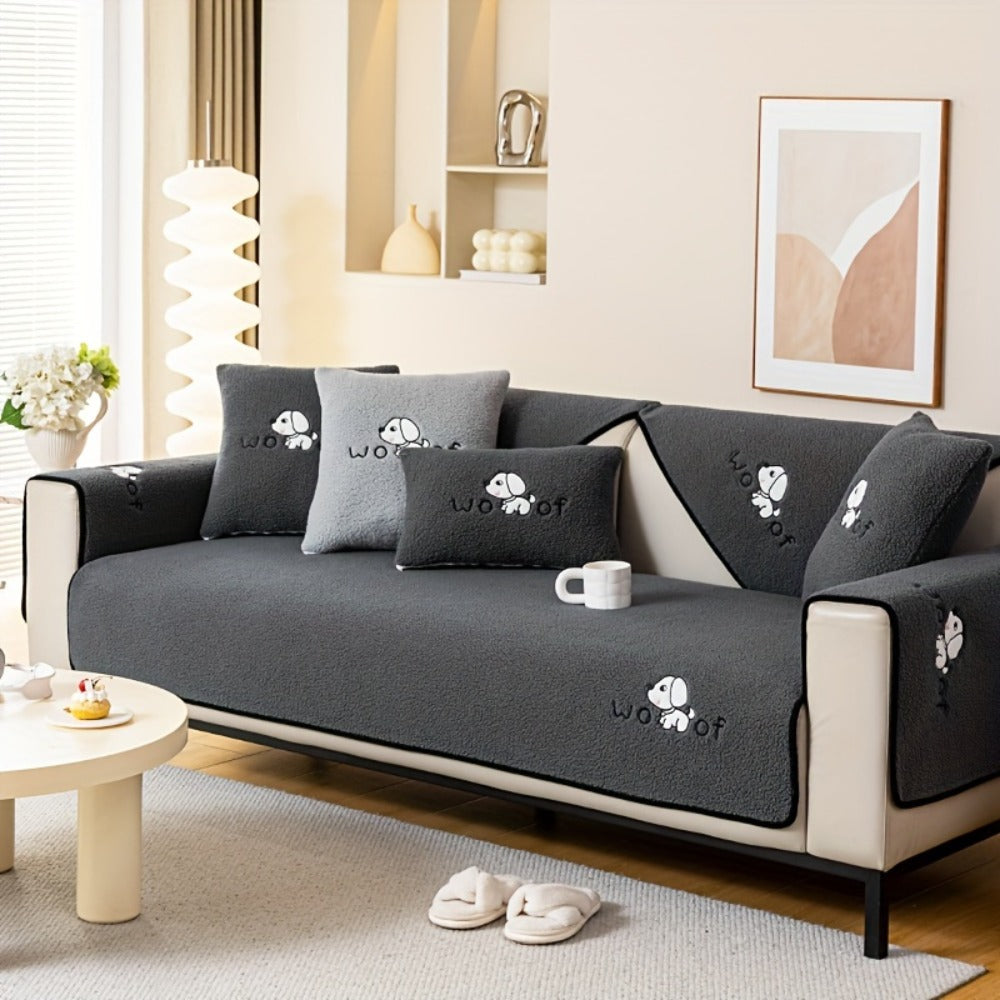 Sherpa Plush Sofa Cover Non-Slip | Thick Fleece Couch Protector, Pet Friendly Furniture Shield, 1 to 4 Seat, Armrest Backrest Pillowcase, Deep Gray Light Gray Coffee Off White