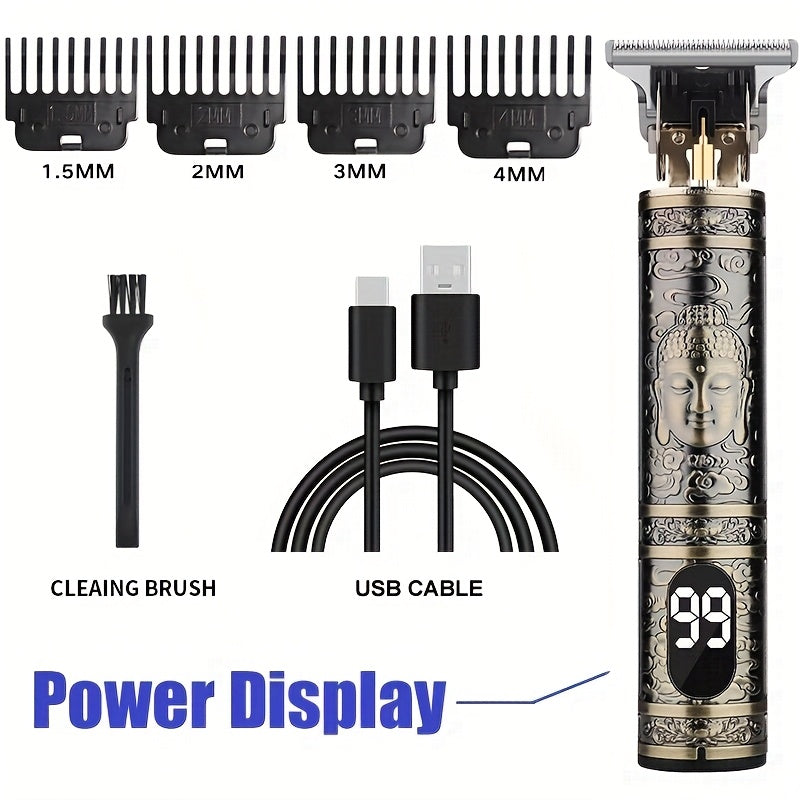 Professional Hair Clipper with LCD Display Vintage Oil Head Fade & Carving Hair Cutting Machine - Precision Trimming for Barbers & Home Use, Unique Dragon & Buddha Head Designs, Rechargeable