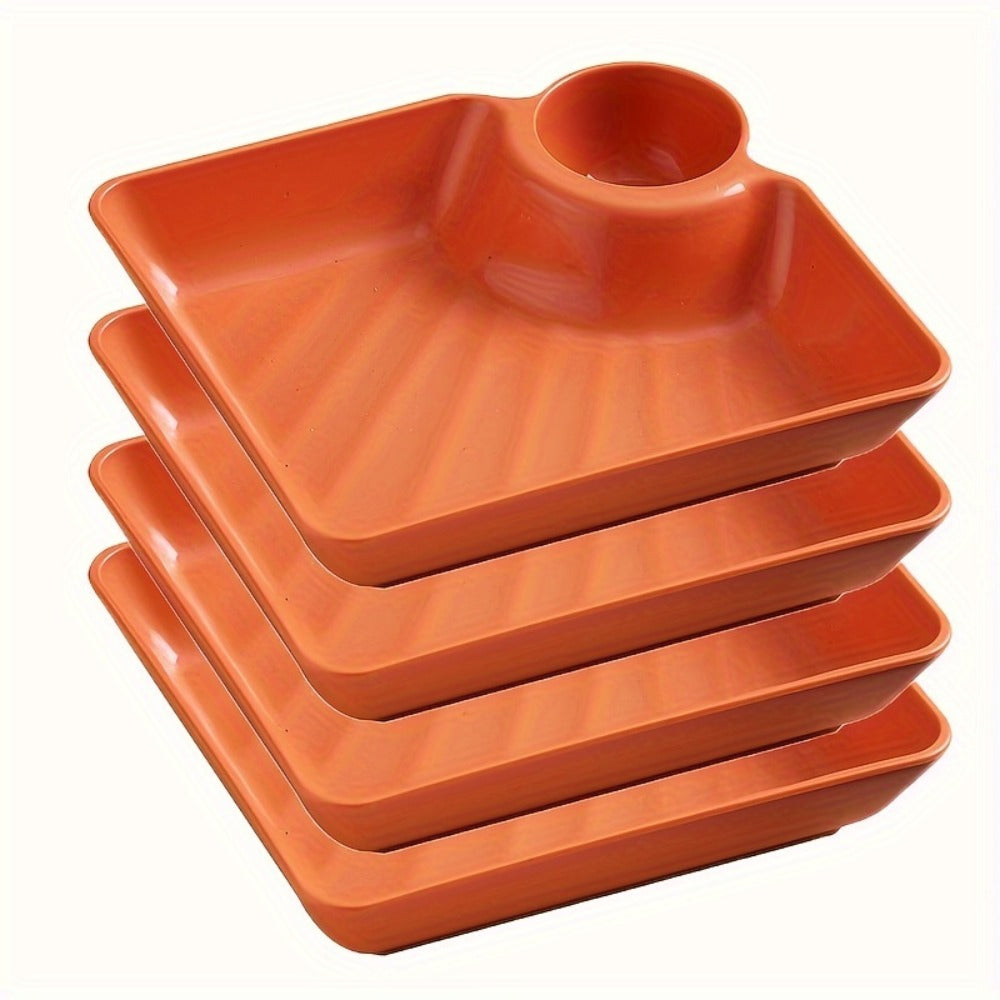 Colorful Serving Plates Set 4 Piece - BPA-Free PP Rectangular Snack, Sushi & Appetizer Plates with Dipping Sauce Compartments for Charcuterie Boards, Desserts & Holiday Party Entertaining