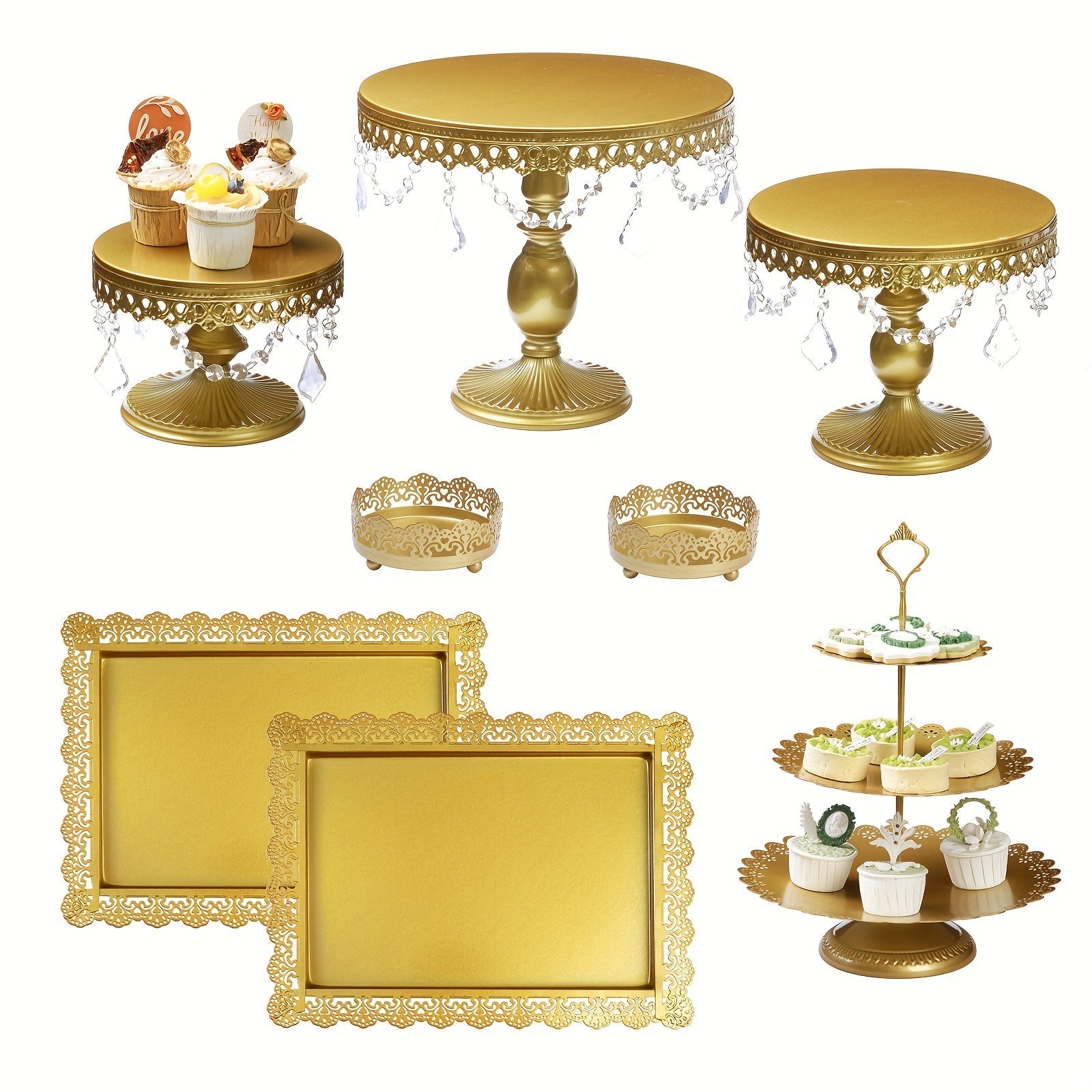 Cake Stand Set of 8 with Crystal Pendants 3-Tier Cupcake Tower Metal Dessert Display for Wedding Birthday Baby Shower Party Decor