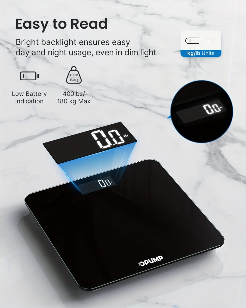 OPUMP Bathroom Scale 400lb ¨C Highly Accurate Digital Body Weight Scale with Backlit LED Display, Batteries Included, Measures up to 400lb/180kg, Multiple Colors ¨C Black Marble, Bronze, Sapphire & More