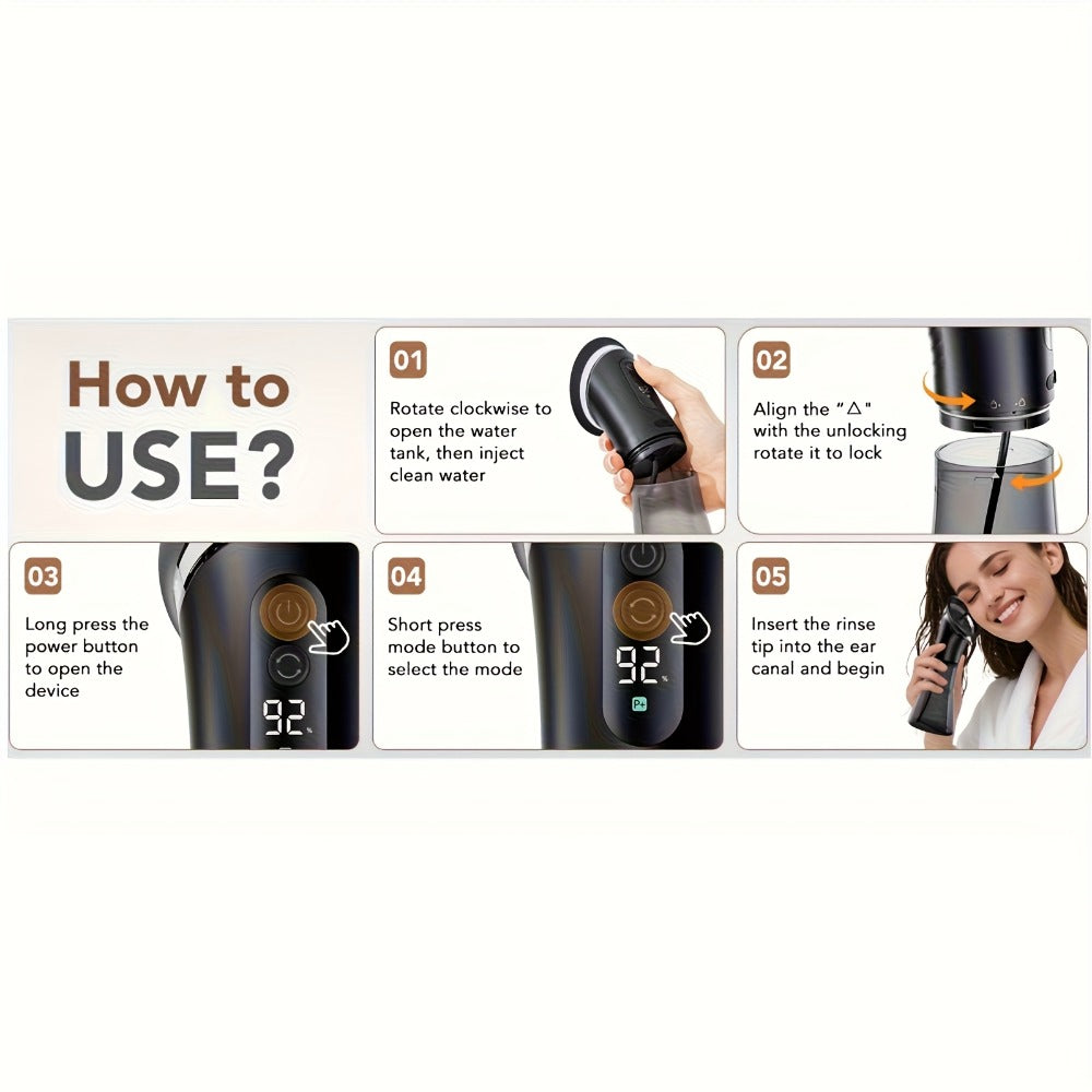 Ear Wax Removal Kit Electric Hydraulic Pro ¨C 3-Speed Water Flushing Ear Cleaner with Temp Sensor, Visual Waste Tank, USB Rechargeable, Nozzle Belt, Medical-Grade Safe Home Ear Care System