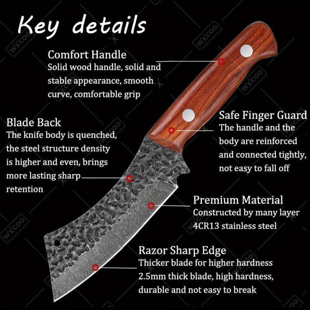 Kitchen Chef Knife Set 3 Piece Stainless Steel - Sharp Boning Knife, Utility Knife & BBQ Knife with Hammered Blade, Wood Handle, Full Tang, Multipurpose Cooking Knives for Meat Vegetables