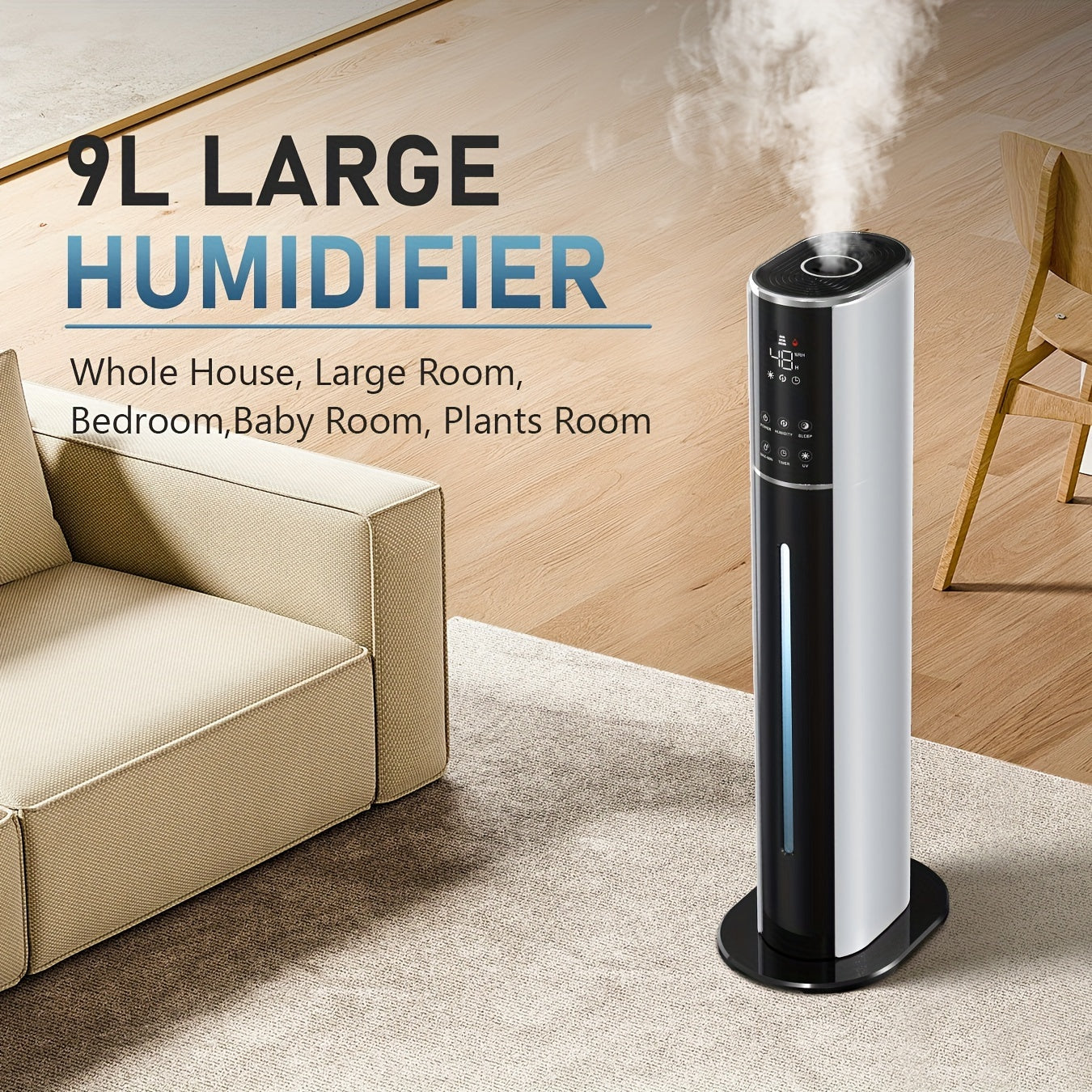 Cool Mist Humidifier 2.4 Gallon Top Fill with Smart Humidity Control Sleep Mode Soundwave Technology for Large Rooms Bedroom Office Plants 600ft2