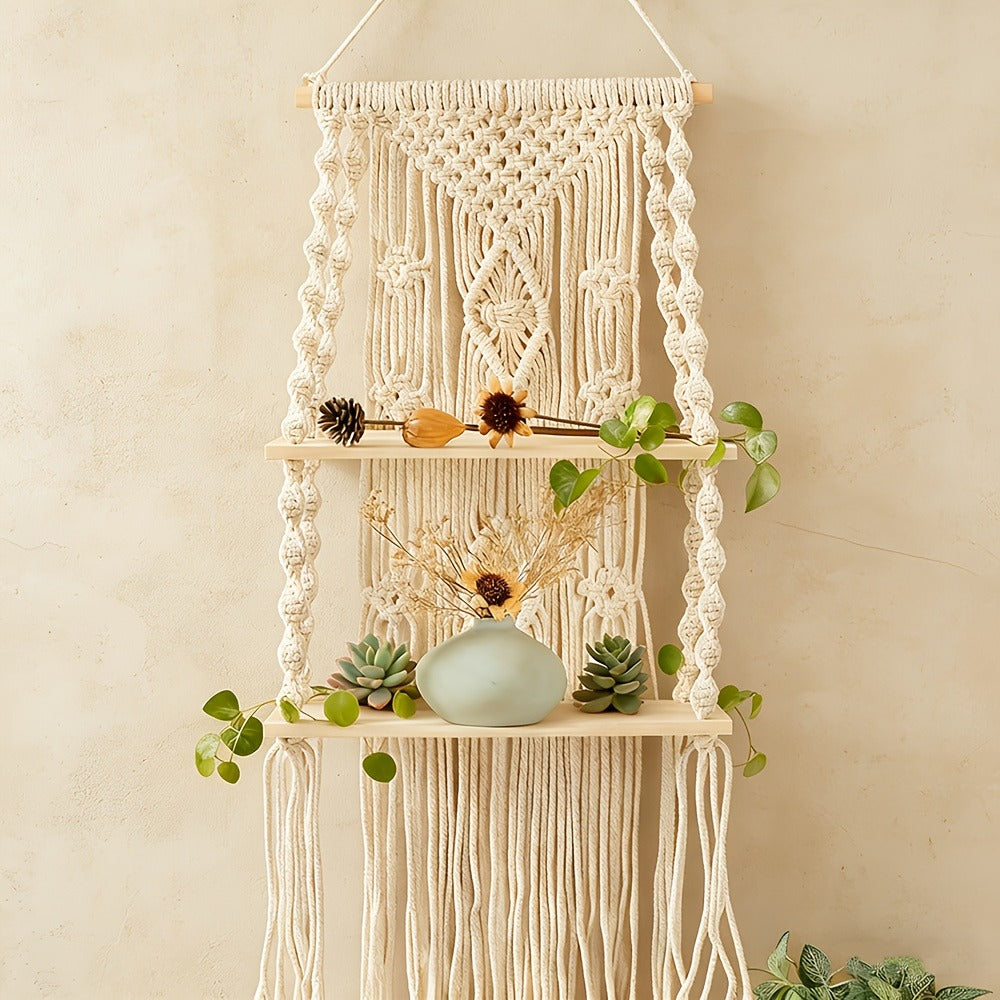 Macrame Wall Hanging with Tassel, Boho Woven Wall Decor for Living Room Bedroom Balcony, Two-Layer Lace Plant Hanger for Photo Frames & Small Plants ¨C Bohemian Home Decor Wall Art
