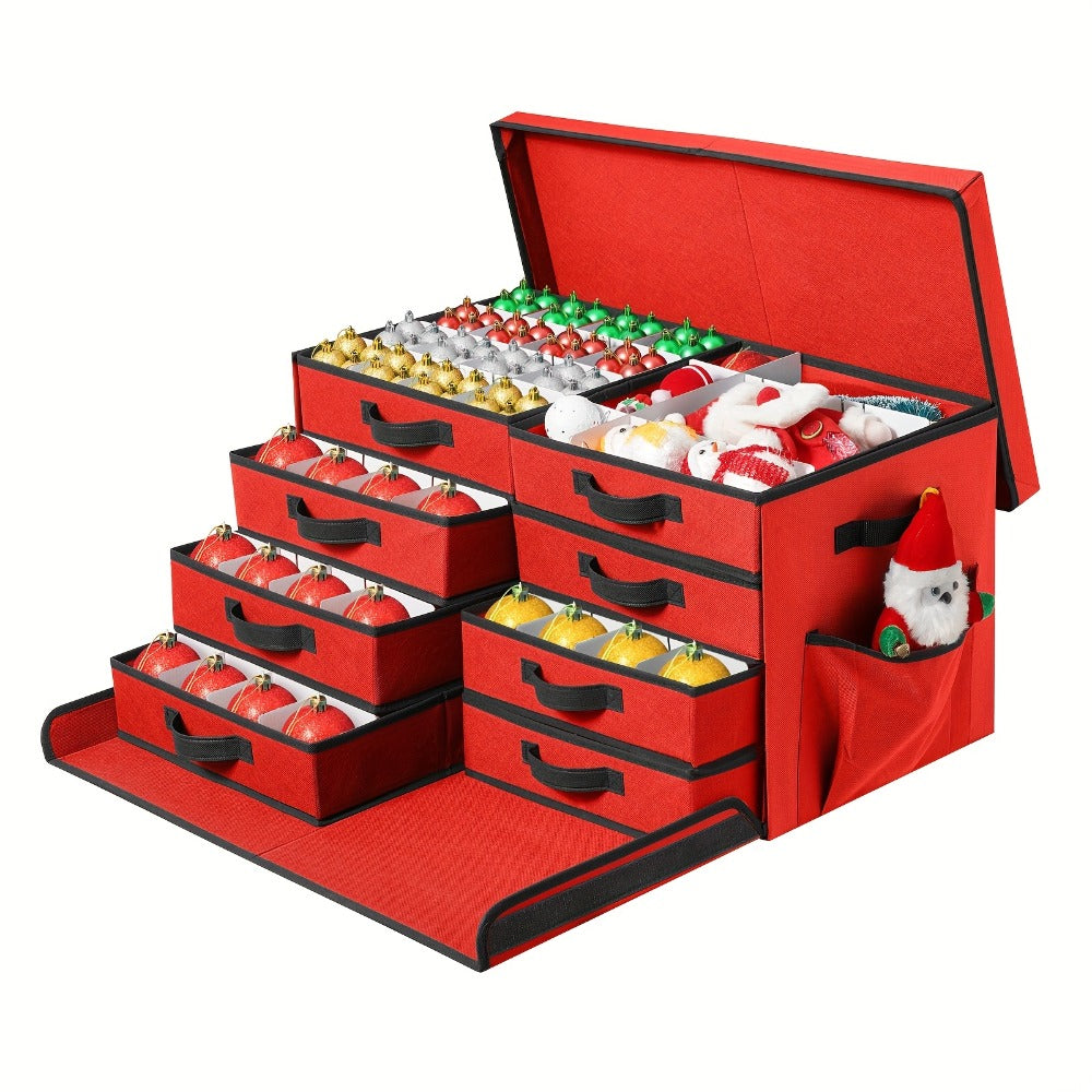 Christmas Ornament Storage Box 128 Slots 8 Trays Stackable Large Capacity Holiday Organizer with Lid Side Open Adjustable Dividers Removable Trays Red Green