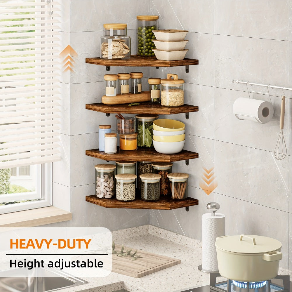 Corner Floating Wall Shelf - Rustic Wood Wall Organizer for Living Room Bedroom Bathroom Kitchen, Space-Saving Display Rack, Country Style Corner Shelf Set of 2 4 6, Brown Black White Home Decor
