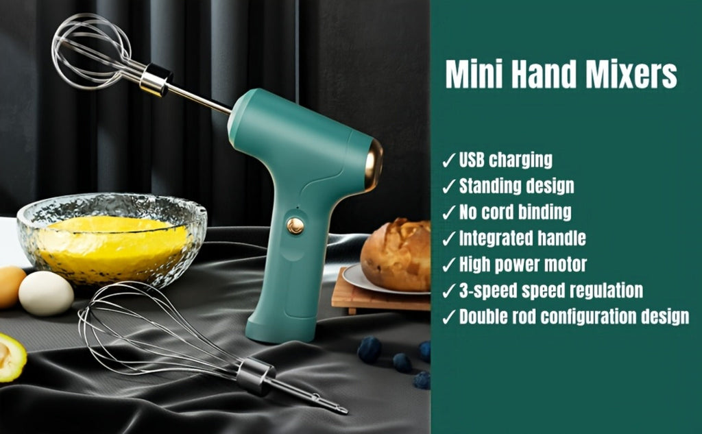 Electric Hand Mixer Cordless USB Rechargeable | 304 Stainless Steel Whisk 3-Speed Settings | Portable Handheld Mixer with 2 Detachable Whisks for Kitchen Baking Cake Cream