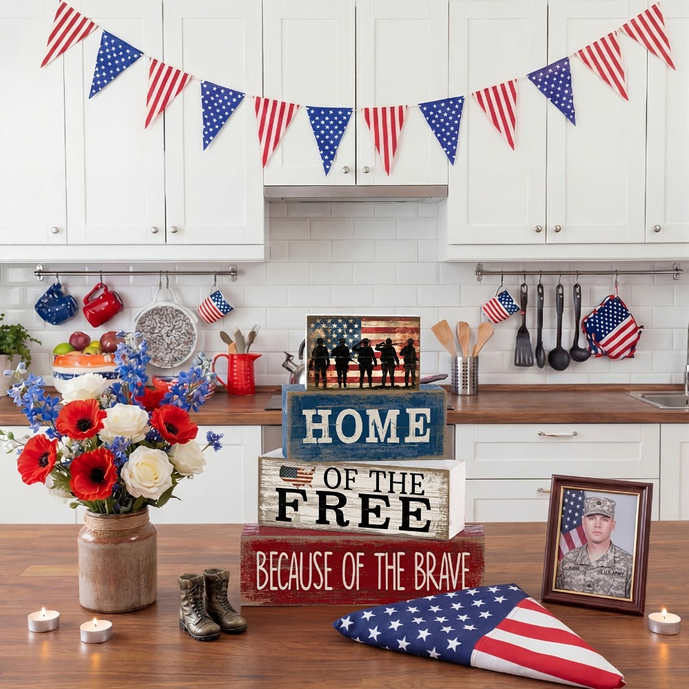 4th of July Tiered Tray Decor ¨C Patriotic Wooden Table Centerpiece with American Flag Signs for Independence Day, Memorial Day & Rustic Farmhouse Home Decor