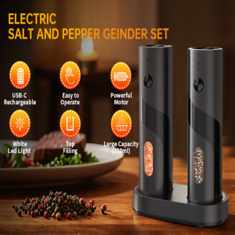 Electric Salt and Pepper Grinder Set with LED Light & Gravity Sensor ¨C USB Rechargeable, Top-Fill, Large Capacity Automatic Spice Mill ¨C 1 or 2 Pack Kitchen Gift Set