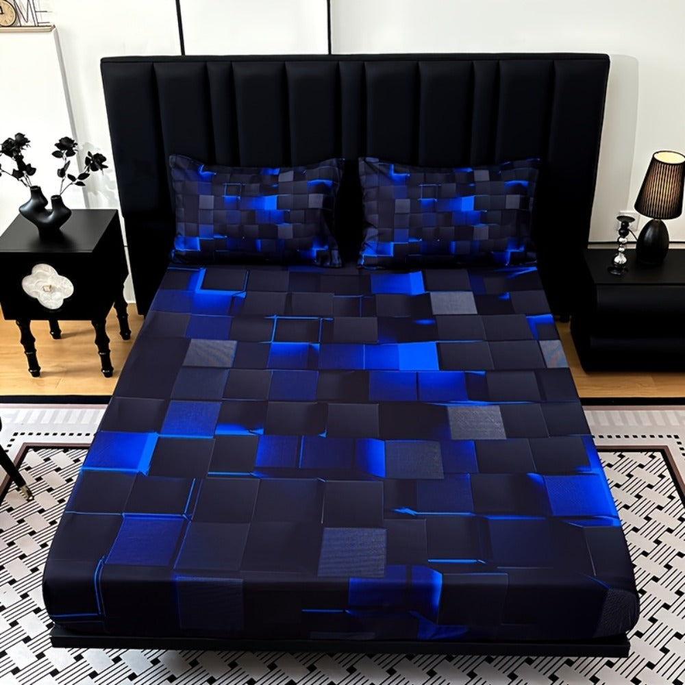 Fitted Sheet Set 3pcs Plaid Digital Print Deep Pocket 15¡± All Season Bed Sheet + 2 Pillowcases No Filling Twin Full Queen King