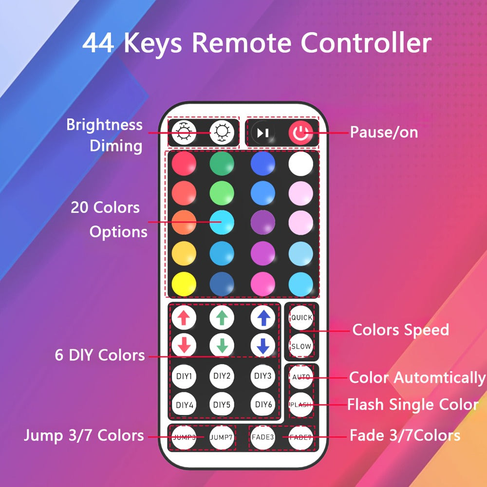 RGB LED Strip Lights 50ft/100ft ¨C Color Changing Tape Light with 44-Key Remote, 20 Colors & 8 Modes, Easy Install, for Bedroom, Living Room, Kitchen, Bar, Wedding & Party Decoration