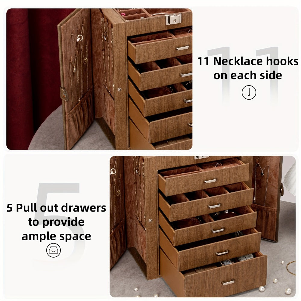 Jewelry Box 6 Tier with 5 Drawers Mirror & Lock | Large Jewelry Organizer Storage Case Gift for Women