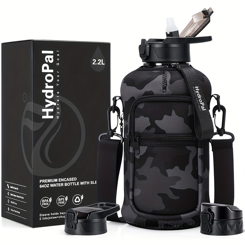Half Gallon Water Bottle 74oz with Storage Sleeve & 2 Lids - Large Sports Water Jug for Gym, BPA-Free, Straw & Chug Lid, Time Marker, Shoulder Strap & Handle, Motivational Hydration Bottle