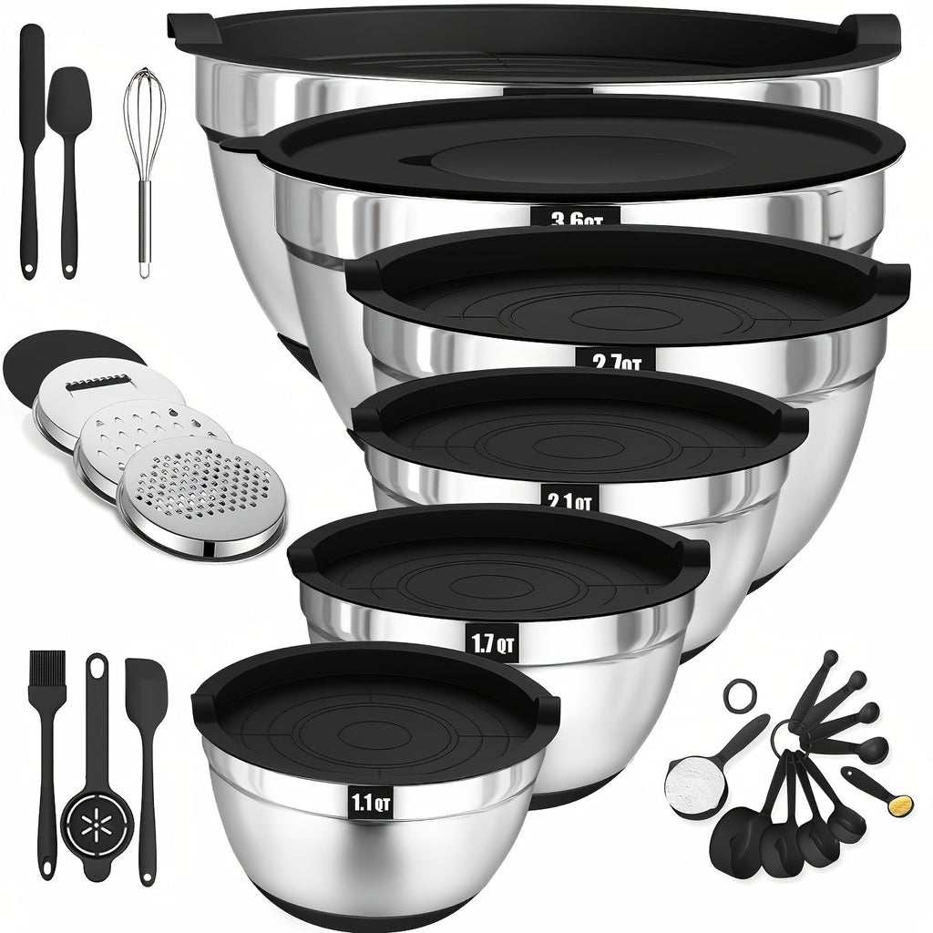 Stainless Steel Mixing Bowl Set 26pcs with 6 Bowls 20 Kitchen Tools Anti-Slip Bottom Multiple Sizes for Baking Cooking Meal Prep Storage