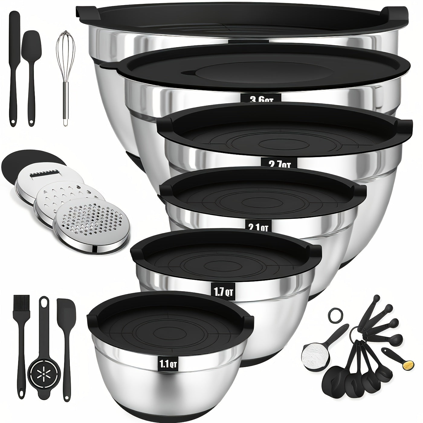 Stainless Steel Mixing Bowl Set 26pcs with 6 Bowls 20 Kitchen Tools Anti-Slip Bottom Multiple Sizes for Baking Cooking Meal Prep Storage