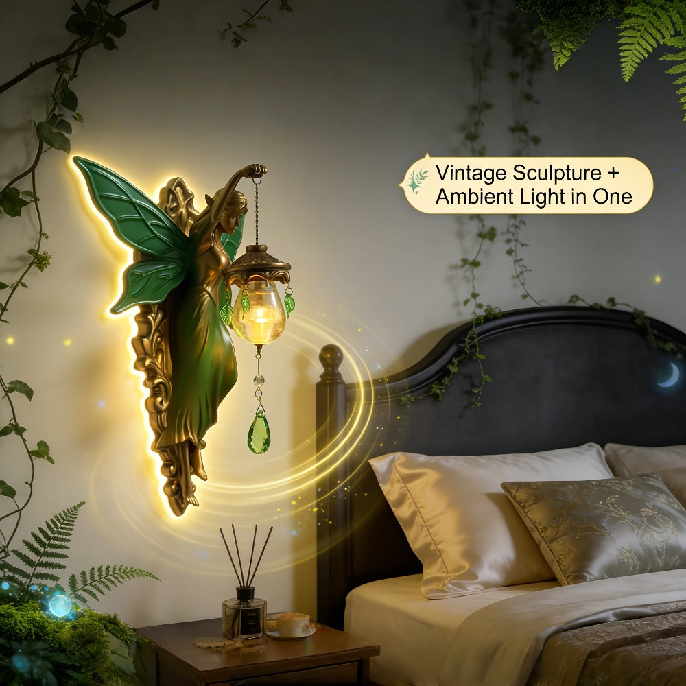 Fairy Statue Wall Decor 9.84in Fantasy Forest Fairy Sculpture ¨C Carved Green Leaf Art Wall Hanging Ornament for Bedroom Living Room ¨C Dreamy Fairy Tale Home Decor Gift for Fairy Lovers Easter Spring