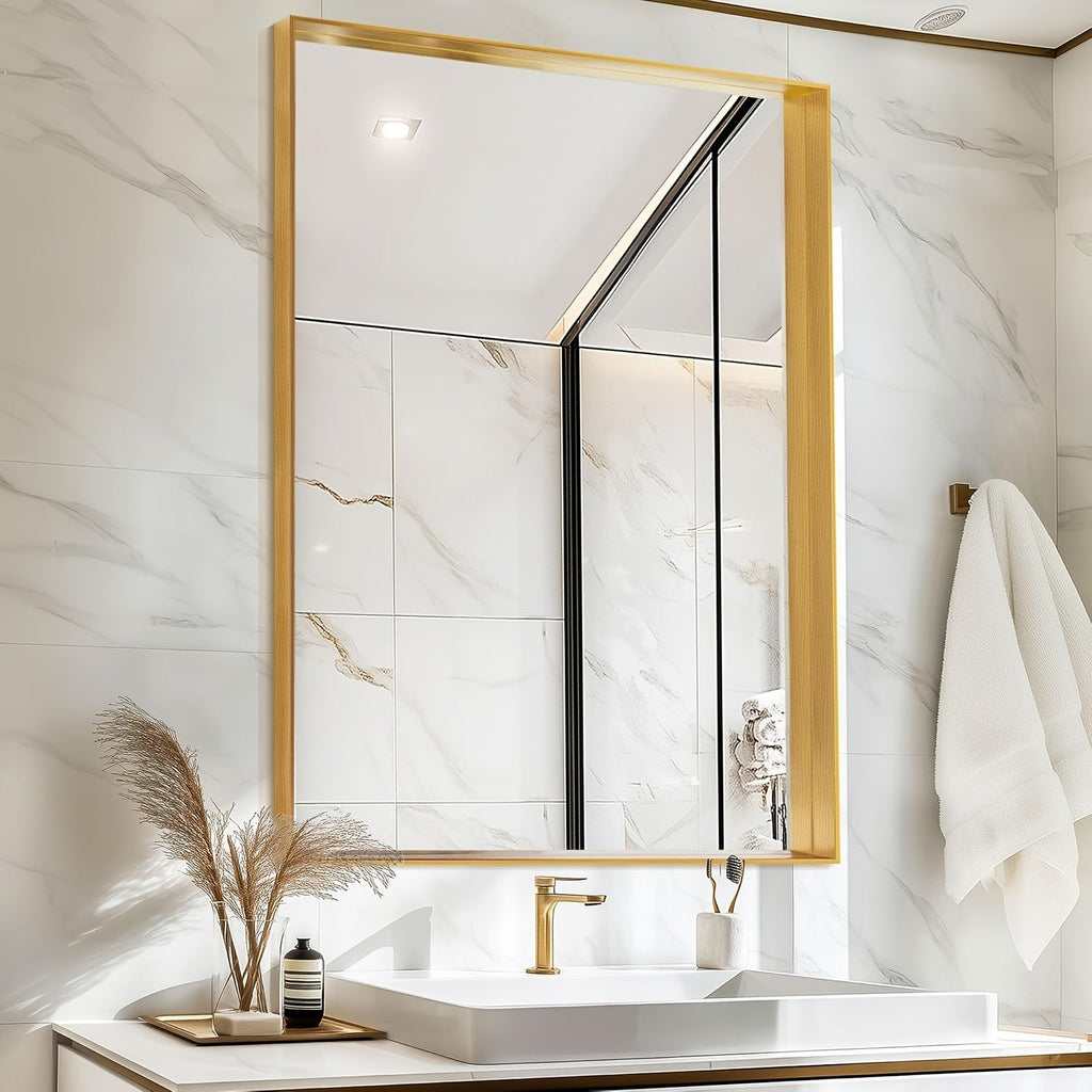 Bathroom Vanity Mirror Wall Mounted Metal Frame Rectangle ¨C Anti-Rust Farmhouse Mirror in Matte Black, Gold & Silver, Multiple Sizes, Horizontal or Vertical Hang