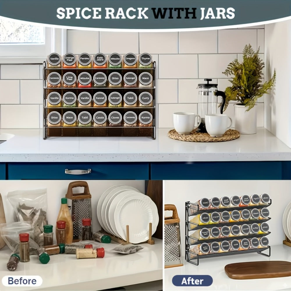 Spice Rack Organizer with 28 Jars, 386 Pre-Printed Labels, Chalk Marker & Funnel ¡ª Wall Mount, Cabinet, Countertop & Pantry Spice Storage | 13.4¡±W ¡Á 10.8¡±H | Black
