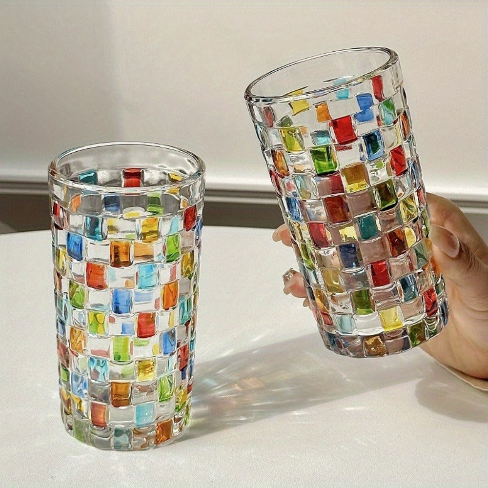 Hand-Painted Drinking Glasses Set ¨C Colorful Square Lattice Woven Handcrafted Glass for Water, Juice, Whiskey & Beer ¨C Artistic Decorative Glassware for Home Bar & Entertaining ¨C 2pc or 4pc
