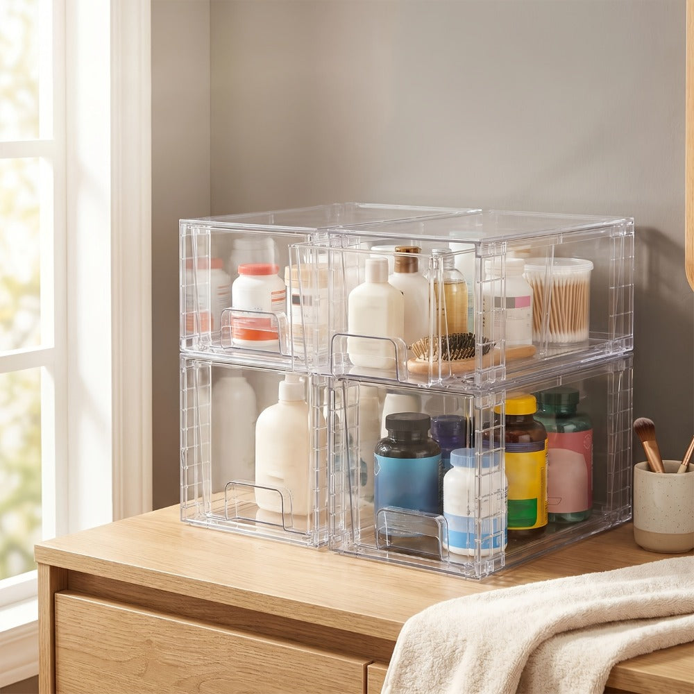 Clear Stackable Storage Bins with Lids & Handles 3 or 4-Piece Set | Plastic Organizer Drawers for Under Sink Pantry Cabinet Closet | Kitchen & Bathroom Storage for Cosmetics Cleaning Supplies Food