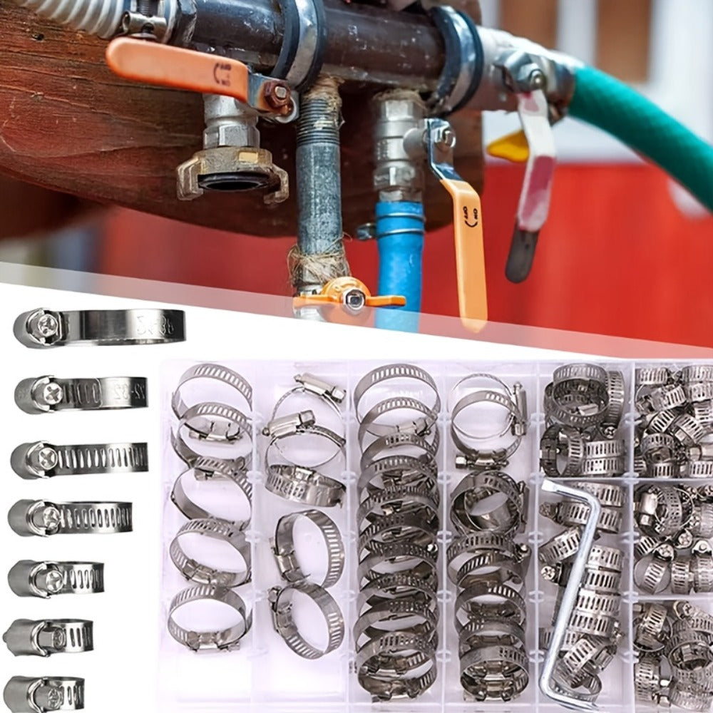 Stainless Steel Hose Clamps 100-Pack Assortment Kit - Multiple Universal Sizes Adjustable Hose Clips for Fuel Line Plumbing Automotive Garden Marine HVAC, Heavy Duty with Storage Case, Silver