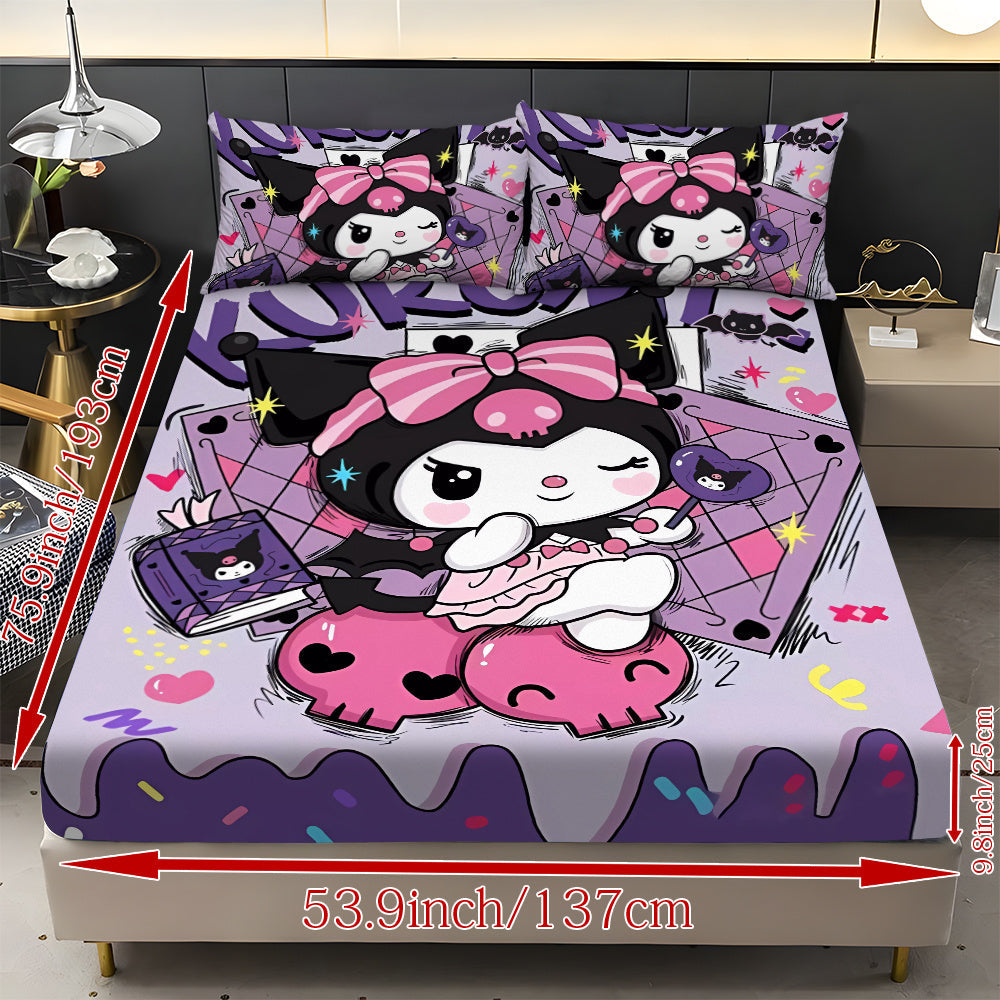 Sanrio Hello Kitty & Kuromi Bedding Set 3pcs ¨C Fitted Sheet & Pillowcases, Soft Polyester, Machine Washable, Twin Full Queen King, All-Season Bedroom Decor for Kids Girls Home Guest Room