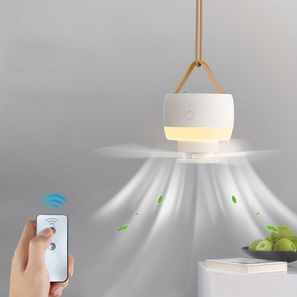 Portable USB Rechargeable Camping Fan with LED Lighting Remote Control Adjustable Detachable Blades Long Battery Life for Outdoor Tent Hiking Travel White