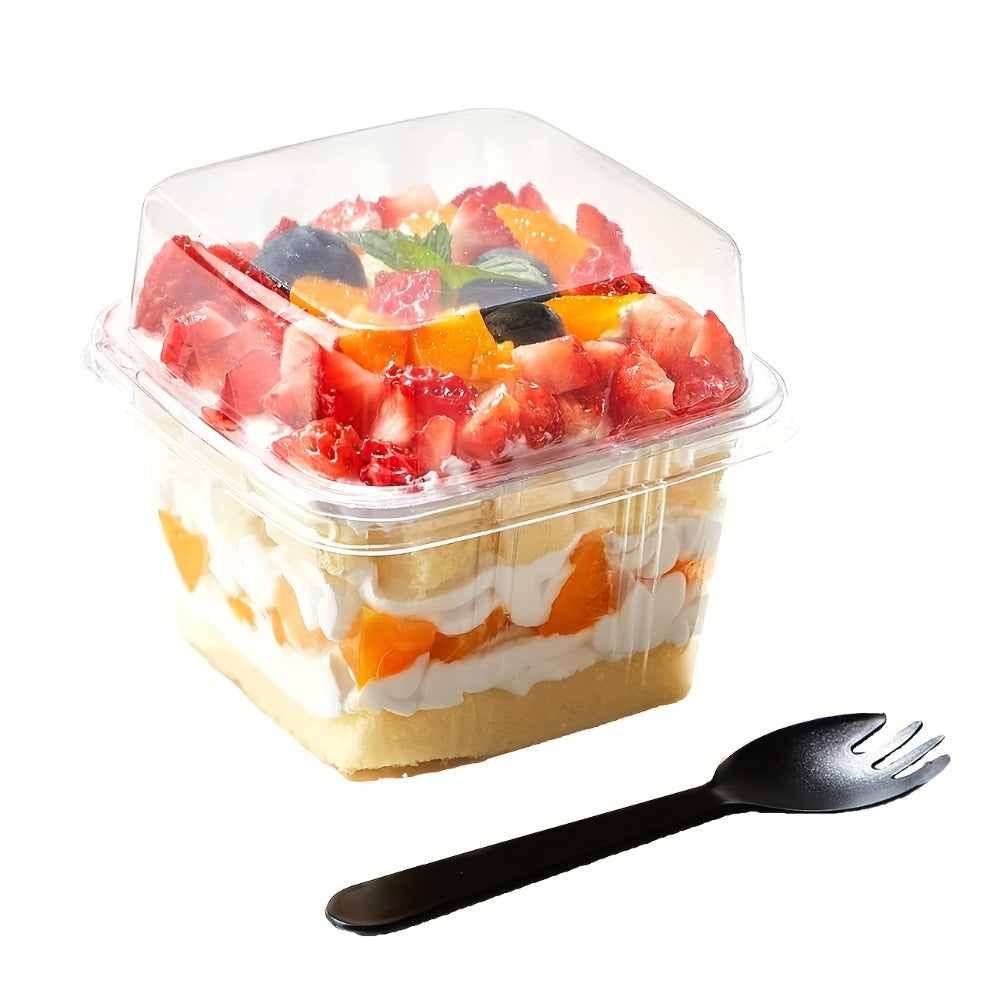 Disposable Dessert Cups 100pcs 8oz Square Clear Plastic with Lids & Sporks | Cake Cups for Pudding, Mousse, Yogurt, Ice Cream - Christmas, Thanksgiving, Valentine's Day & Party Supplies