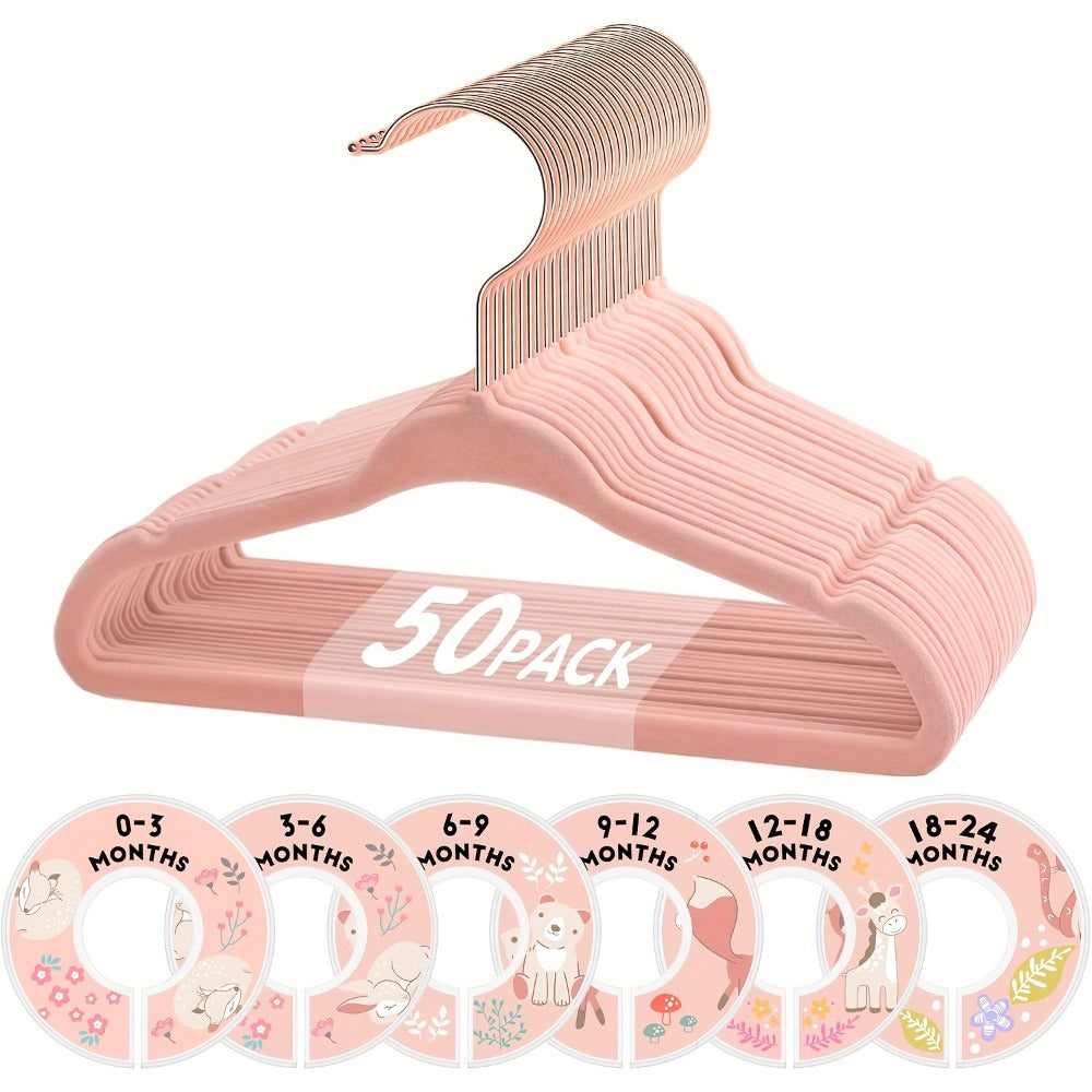 Baby Hangers Pink Velvet Non-Slip Nursery Closet Kids Clothes Hangers with Size Dividers for Infant Toddler Girls Boys 50/30pcs
