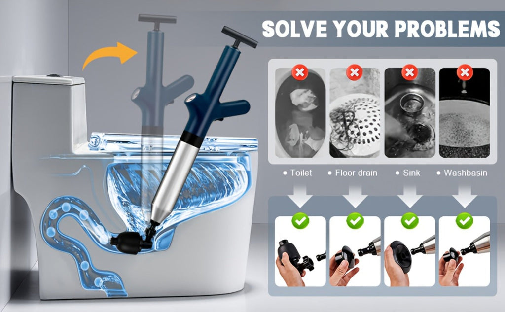 Toilet Plunger Set High Pressure Air Drain Unclogger - Stainless Steel Toilet Snake & Air Discharge Impactor for Clogged Toilet, Kitchen Sink, Bathroom Drain & Pipe Blockage Removal