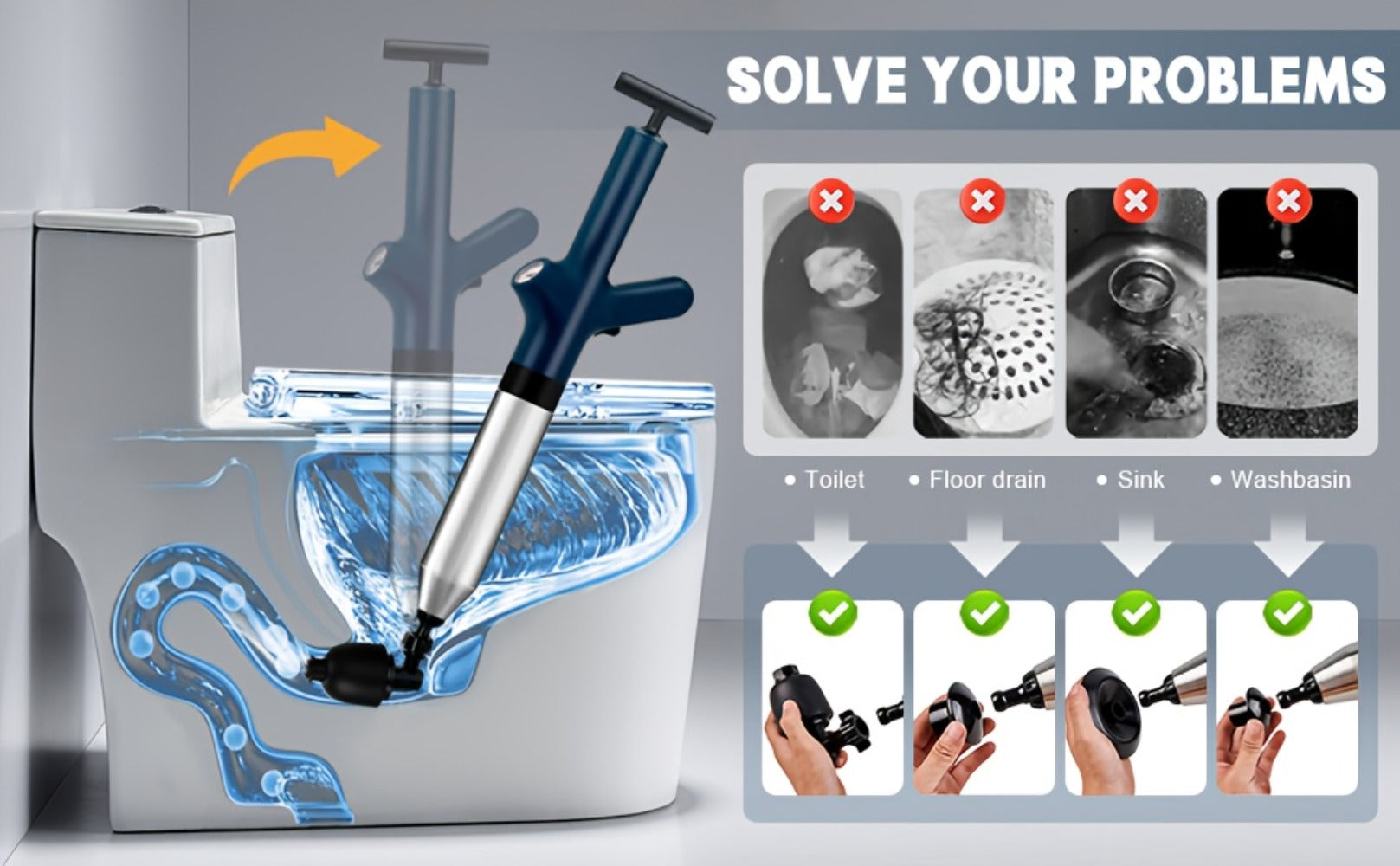 Toilet Plunger Set High Pressure Air Drain Unclogger - Stainless Steel Toilet Snake & Air Discharge Impactor for Clogged Toilet, Kitchen Sink, Bathroom Drain & Pipe Blockage Removal