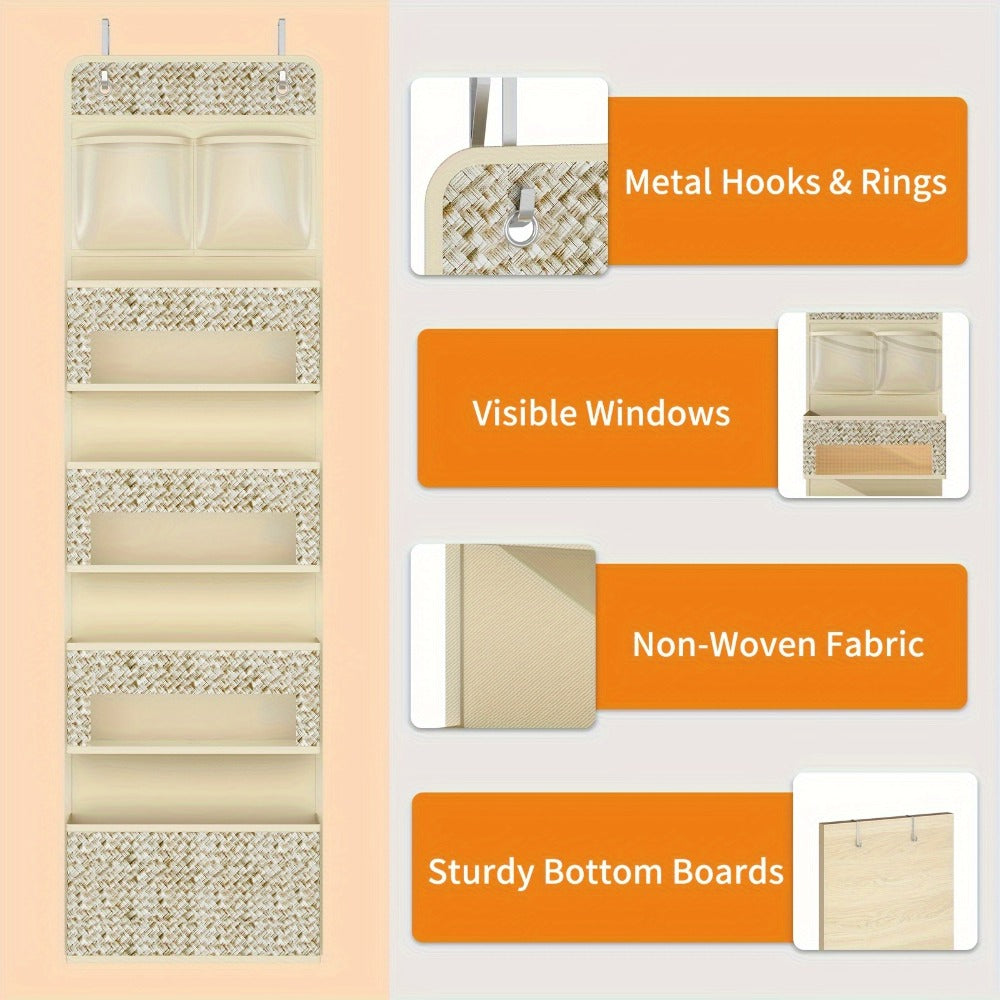 2-Pack Over-The-Door Hanging Organizer with 5 Shelves & 4 Clear Pockets ¨C Beige Rattan Storage Rack for Closet, Bedroom & Bathroom