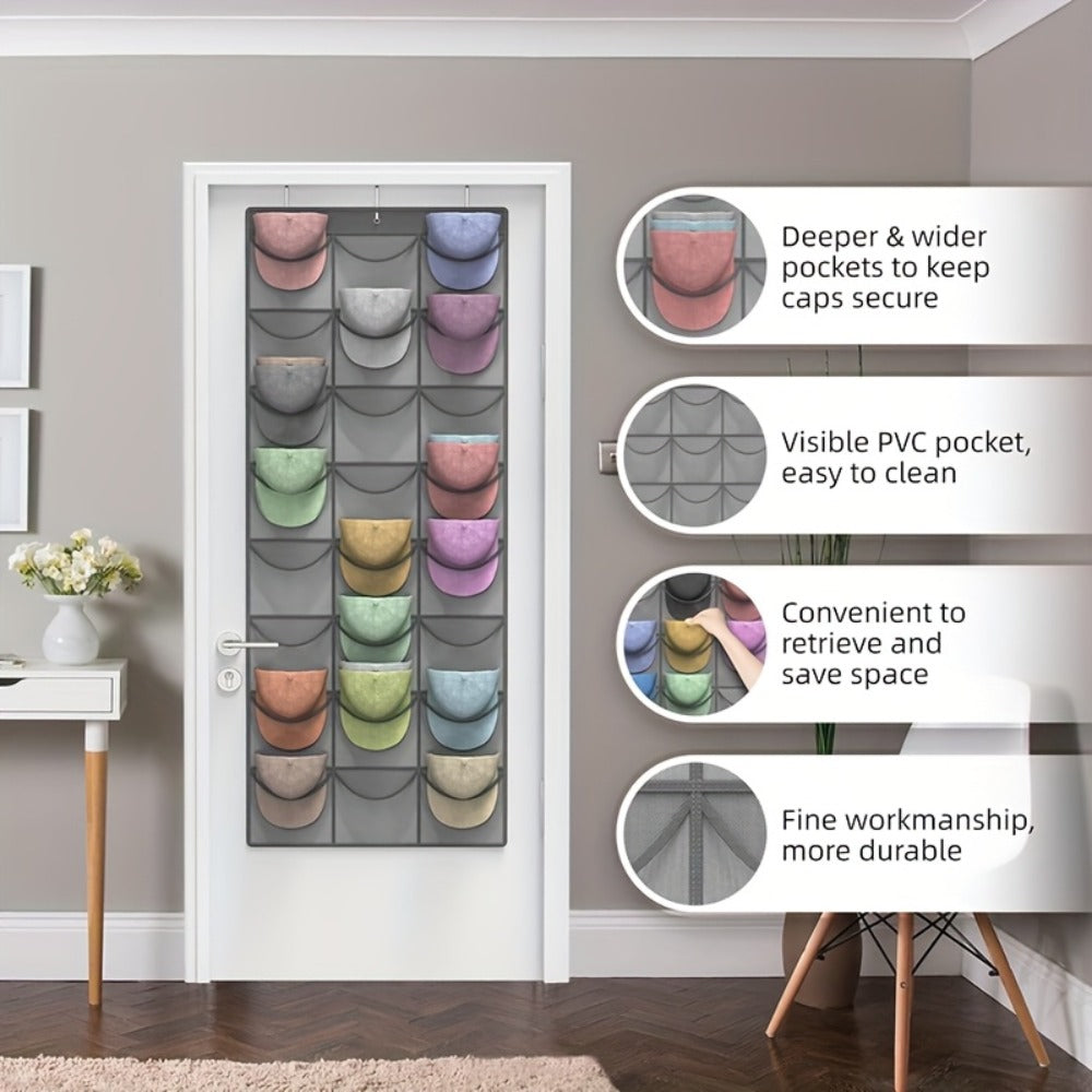 Over the Door Hat Organizer 24 Pocket - Baseball Cap Rack with Large Clear Pockets and 3 Hooks for Hat Storage Protection and Display in Closet