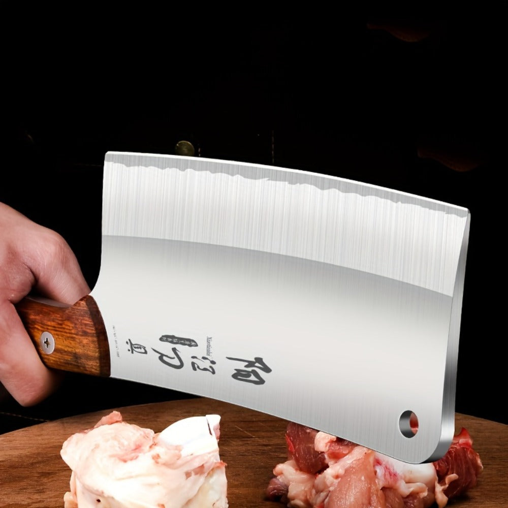 Meat Cleaver Heavy Duty Stainless Steel - Sharp Butcher Knife for Cutting Meat & Bones, Multi-Purpose Kitchen Chopper with Wooden Handle