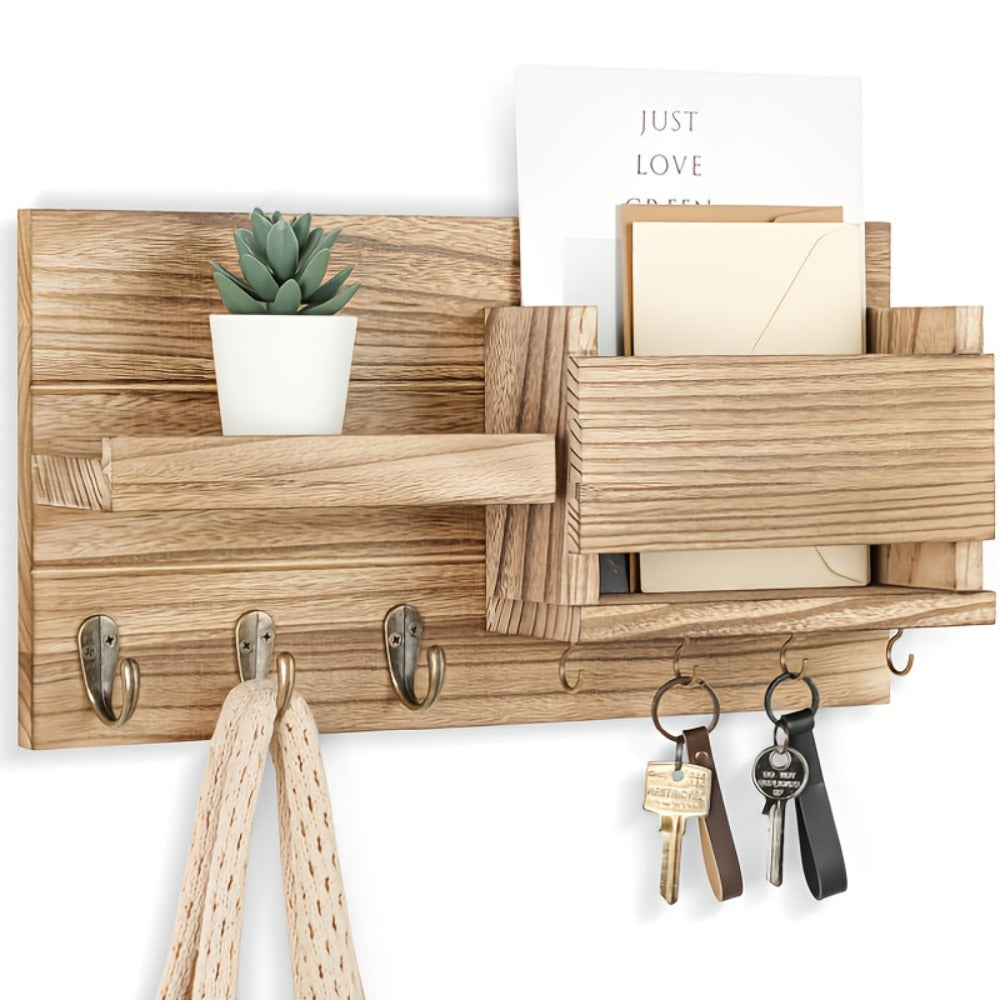 Wall Mounted Storage Rack with Mail Slot ¨C Rustic Wood Floating Shelf with Hooks for Keys, Hats & Envelopes, Decorative Organizer for Entryway, Porch, Bedroom, Bathroom & Living Room